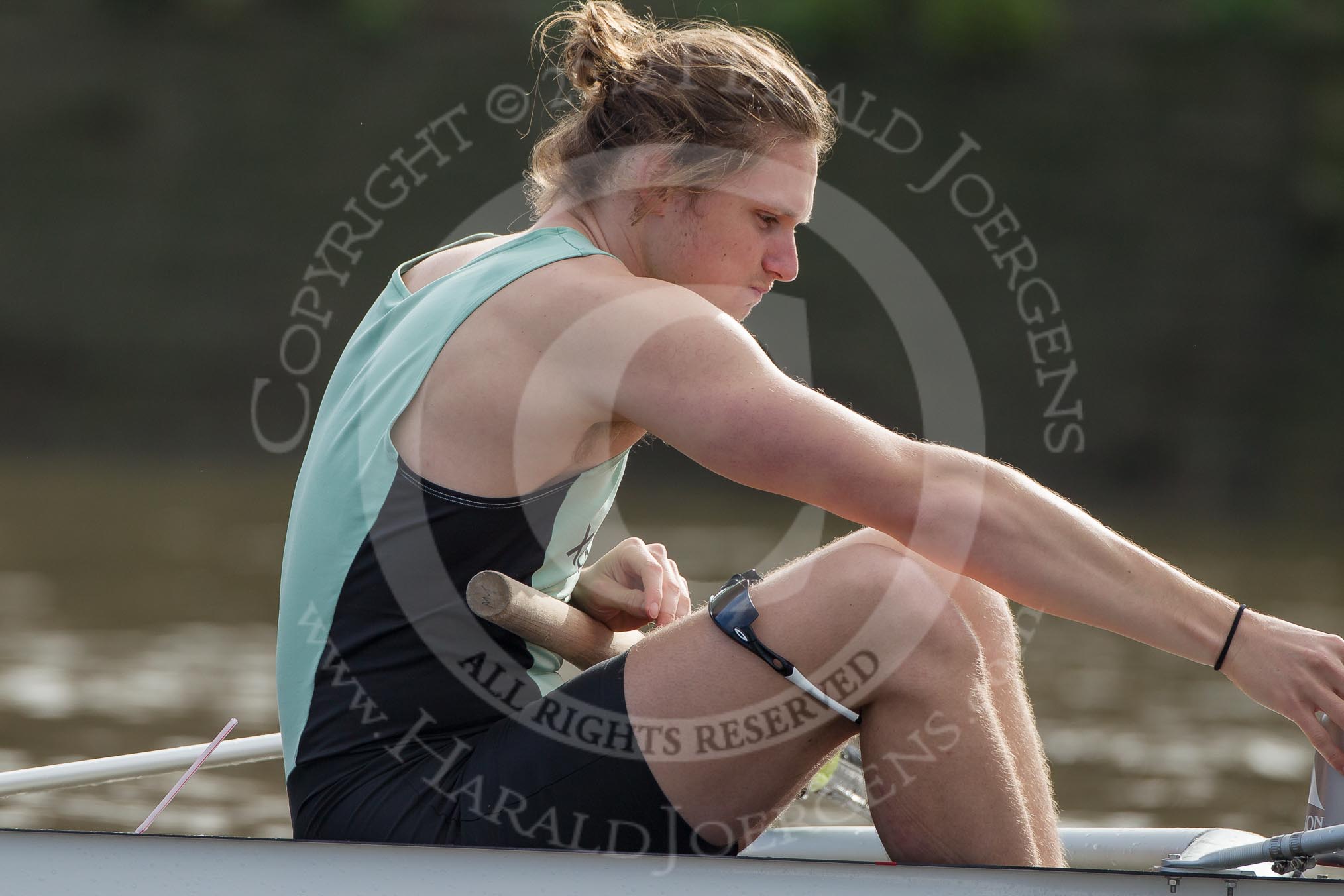 The Boat Race season 2012 - fixture CUBC vs Leander: Close-up of CUBC 3 seat Michael Thorp..
River Thames between Putney and Molesey,
London,
Greater London,
United Kingdom,
on 10 March 2012 at 14:06, image #71