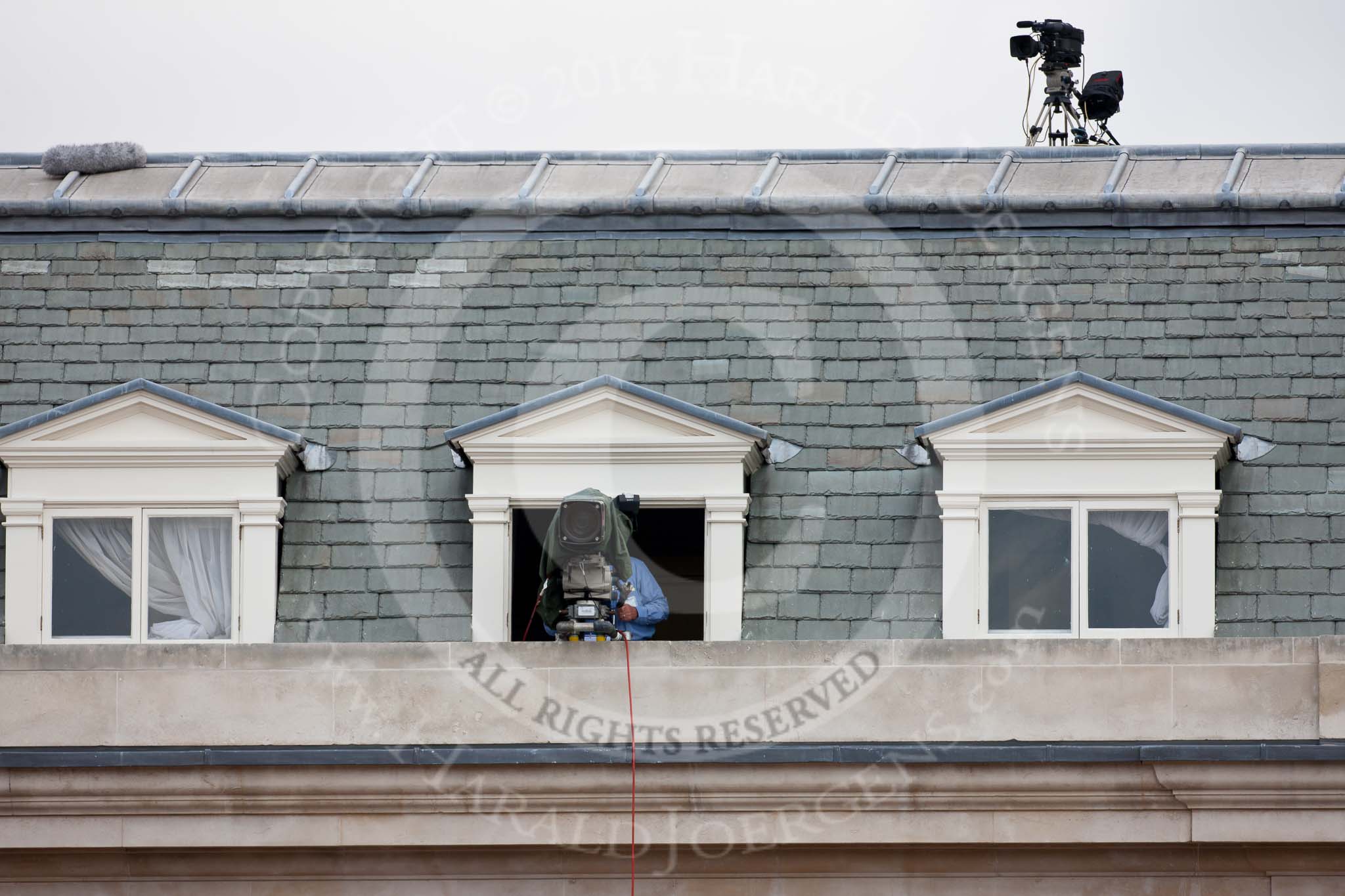 Trooping the Colour 2009: Another TV camara for the BBC, on the top floor of the Old Admirality Building, and police cameras on the roof..
Horse Guards Parade, Westminster,
London SW1,

United Kingdom,
on 13 June 2009 at 09:52, image #15
