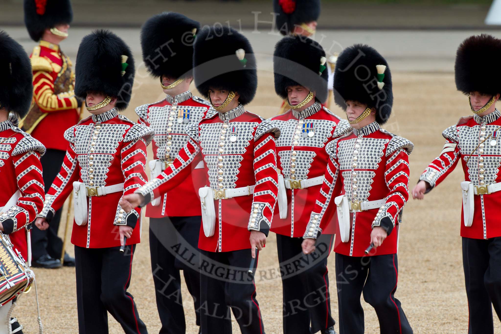 The Major General's Review 2011: Drummers of the Band of the Welsh Guards getting into position on Horse Guards Parade..
Horse Guards Parade, Westminster,
London SW1,
Greater London,
United Kingdom,
on 28 May 2011 at 10:29, image #46