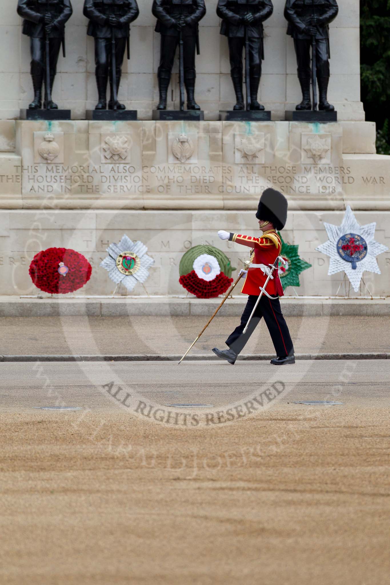 The Major General's Review 2011: Drum Major Alan Harvey, Irish Guards, marching past the Guards Memorial whilst leading the Band of the Scots Guards onto Horse Guards Parade..
Horse Guards Parade, Westminster,
London SW1,
Greater London,
United Kingdom,
on 28 May 2011 at 10:30, image #52