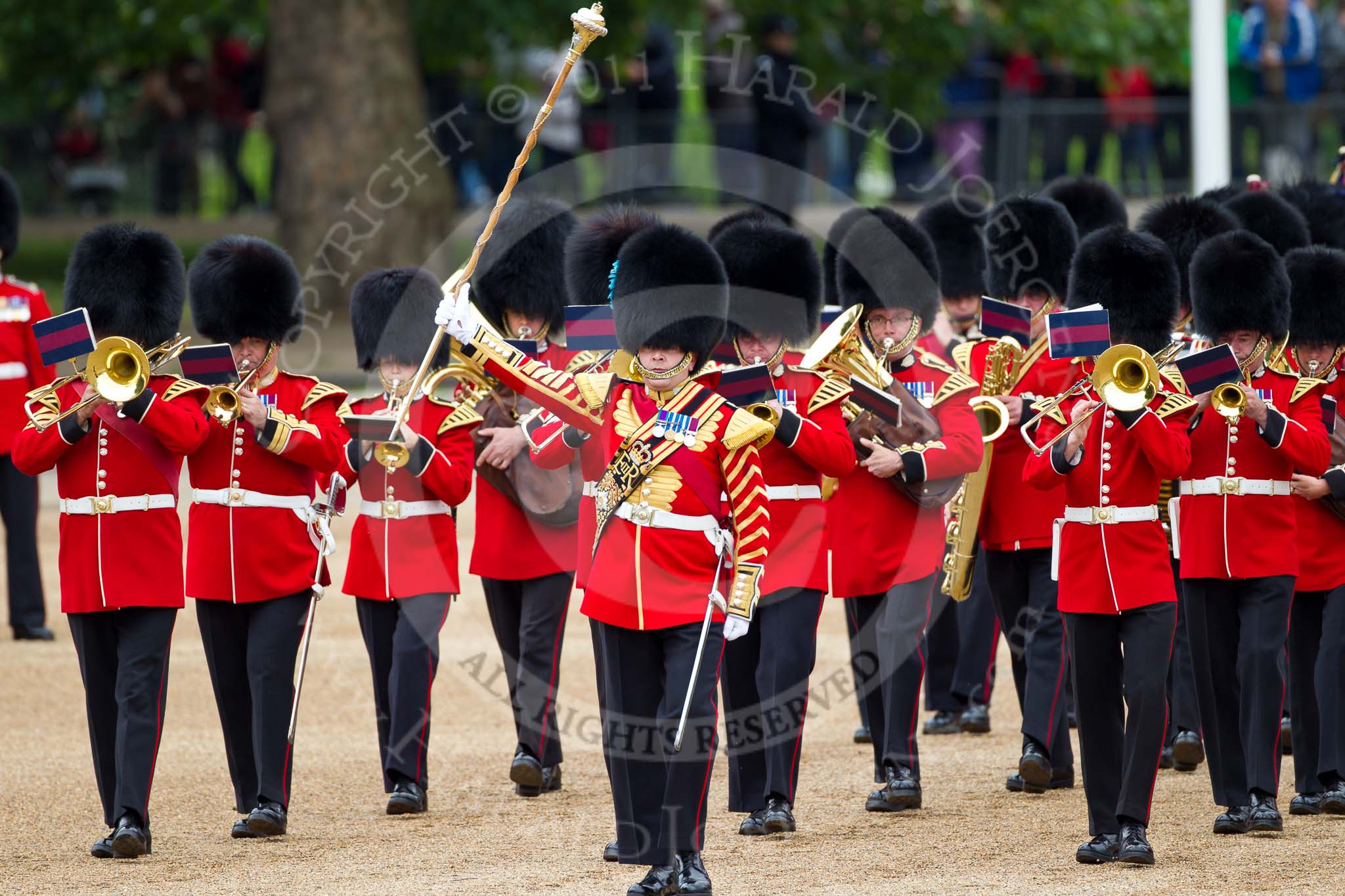 The Major General's Review 2011: Drum Major Alan Harvey, Irish Guards,
leading the Band of the Scots Guards onto Horse Guards Parade..
Horse Guards Parade, Westminster,
London SW1,
Greater London,
United Kingdom,
on 28 May 2011 at 10:32, image #56
