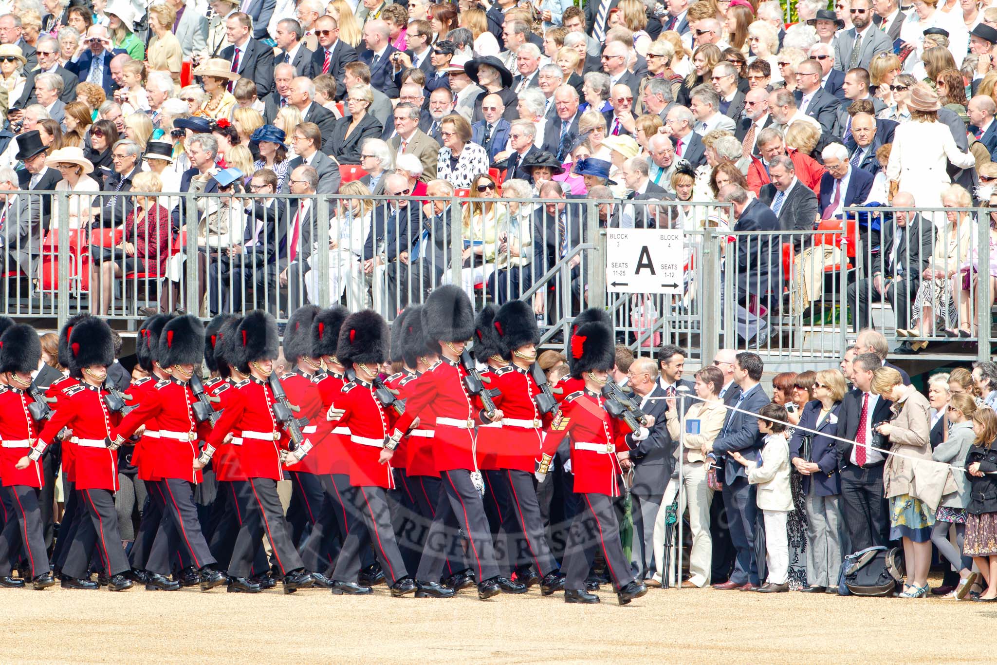 Trooping the Colour 2011: No. 6 Guard, No. 7 Company,  Coldstream Guards, is led into their initial position on the parade ground by Company Sergeant Major D J Cox..
Horse Guards Parade, Westminster,
London SW1,
Greater London,
United Kingdom,
on 11 June 2011 at 10:26, image #31