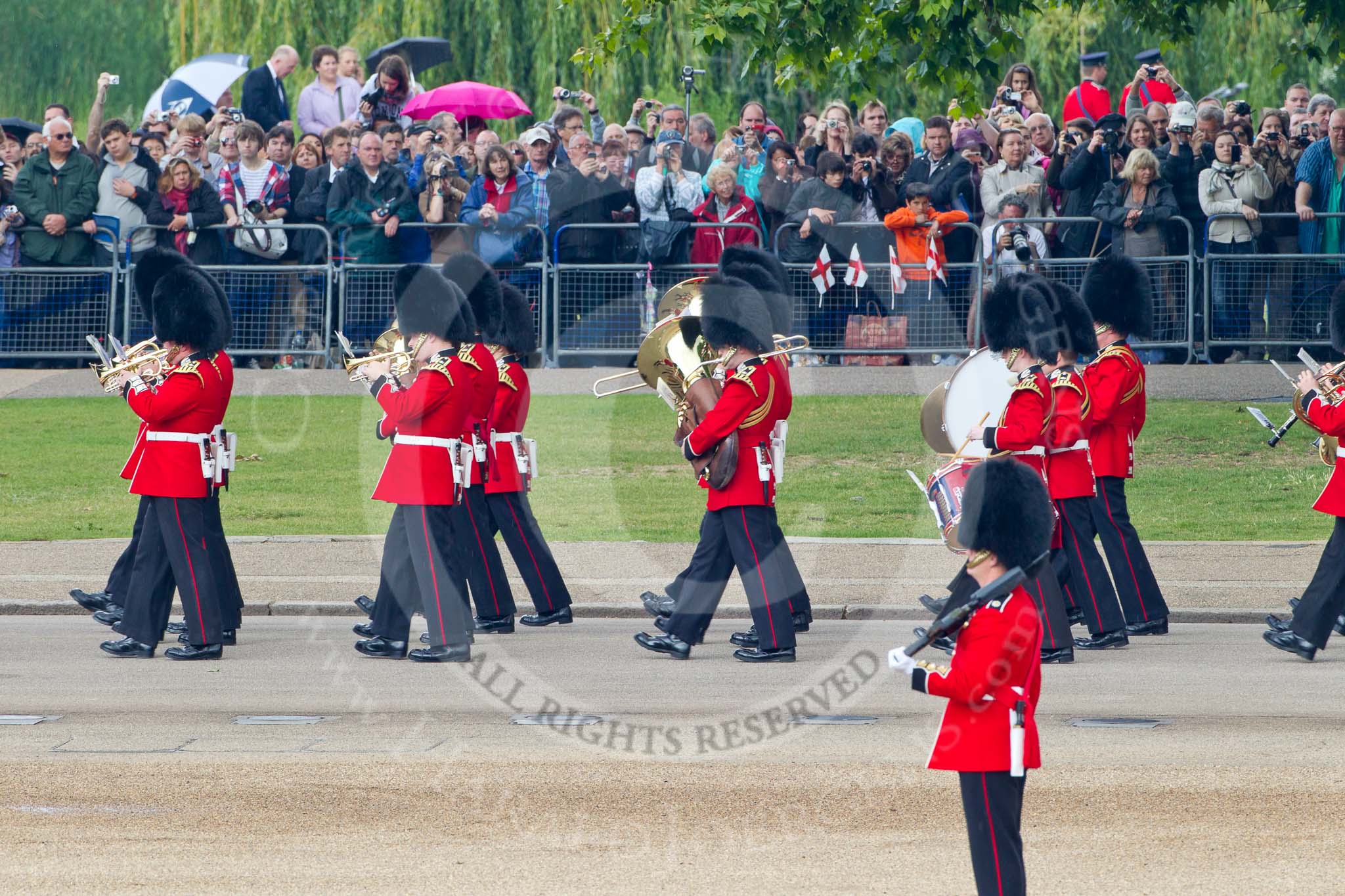 Trooping the Colour 2011: The Band of the Scots Guards, marching on Horse Guards Road, before turning onto Horse Guards Parade..
Horse Guards Parade, Westminster,
London SW1,
Greater London,
United Kingdom,
on 11 June 2011 at 10:30, image #47