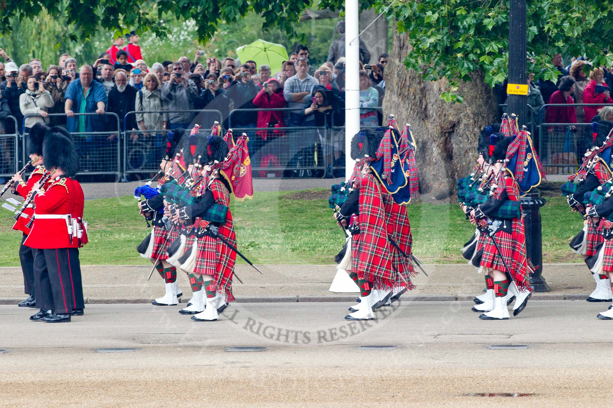Trooping the Colour 2011: The Band of the Scots Guards, here the Pipers in their Royal Stewart Tartan, marching on Horse Guards Road, before turning onto Horse Guards Parade..
Horse Guards Parade, Westminster,
London SW1,
Greater London,
United Kingdom,
on 11 June 2011 at 10:30, image #48