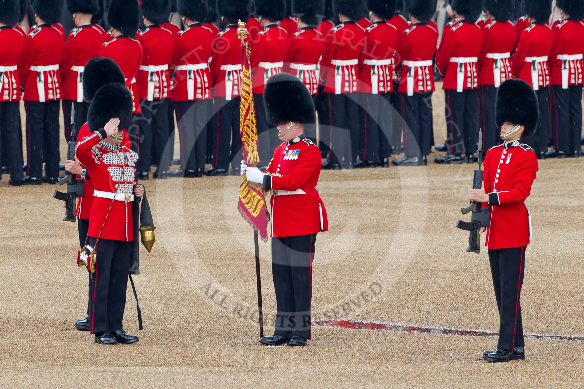 Trooping the Colour 2011: The Sergeant of the Ecort to the Colour, Colour Sergeant Chris Millin, holding the flag, whilst the two sentries present arms, and the Duty Drummer, holding the colour case, salutes..
Horse Guards Parade, Westminster,
London SW1,
Greater London,
United Kingdom,
on 11 June 2011 at 10:33, image #57