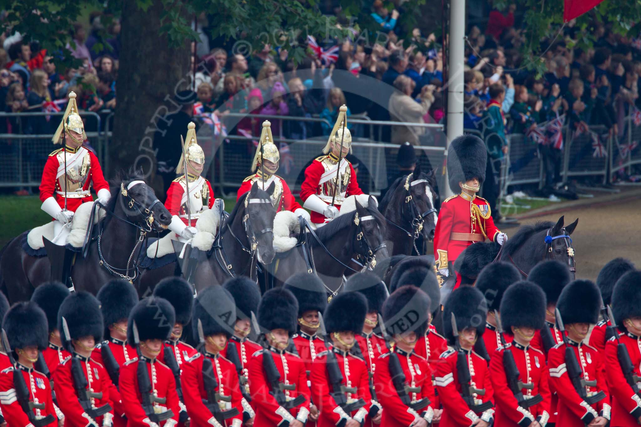 Trooping the Colour 2011: The arrival of the Royal Procession. The Brigade Major Household Division, Lieutenant Colonel Andrew P Speed, Scots Guards, leading the way, followed by four Troopers of The Life Guards. Here they are passing No. 5 Guard, 1st Battalion Welsh Guards..
Horse Guards Parade, Westminster,
London SW1,
Greater London,
United Kingdom,
on 11 June 2011 at 10:56, image #99