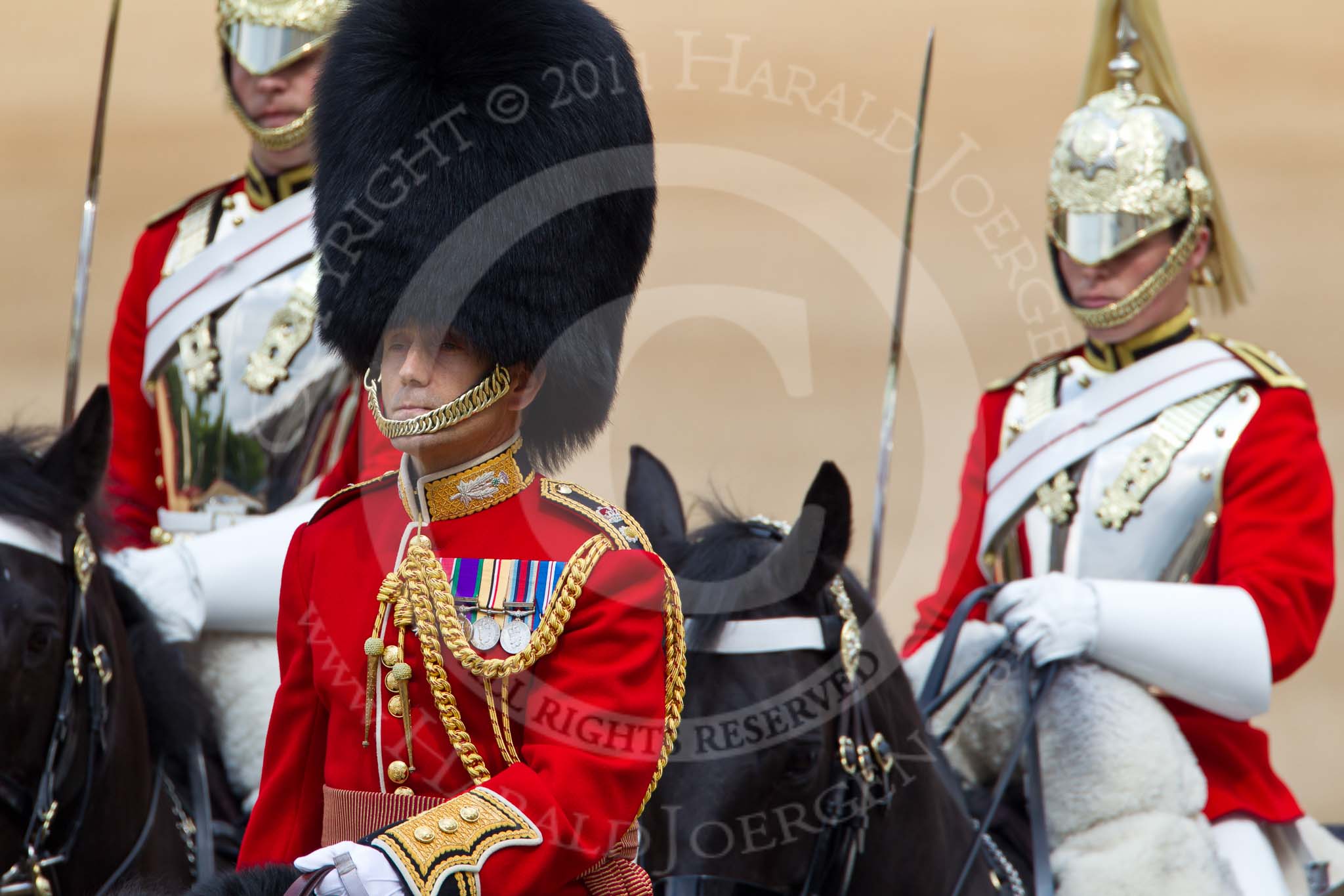 Trooping the Colour 2011: The Brigade Major Household Division, Lieutenant Colonel Andrew P Speed, Scots Guards, leading the way, followed by four Troopers of The Life Guards..
Horse Guards Parade, Westminster,
London SW1,
Greater London,
United Kingdom,
on 11 June 2011 at 10:57, image #106