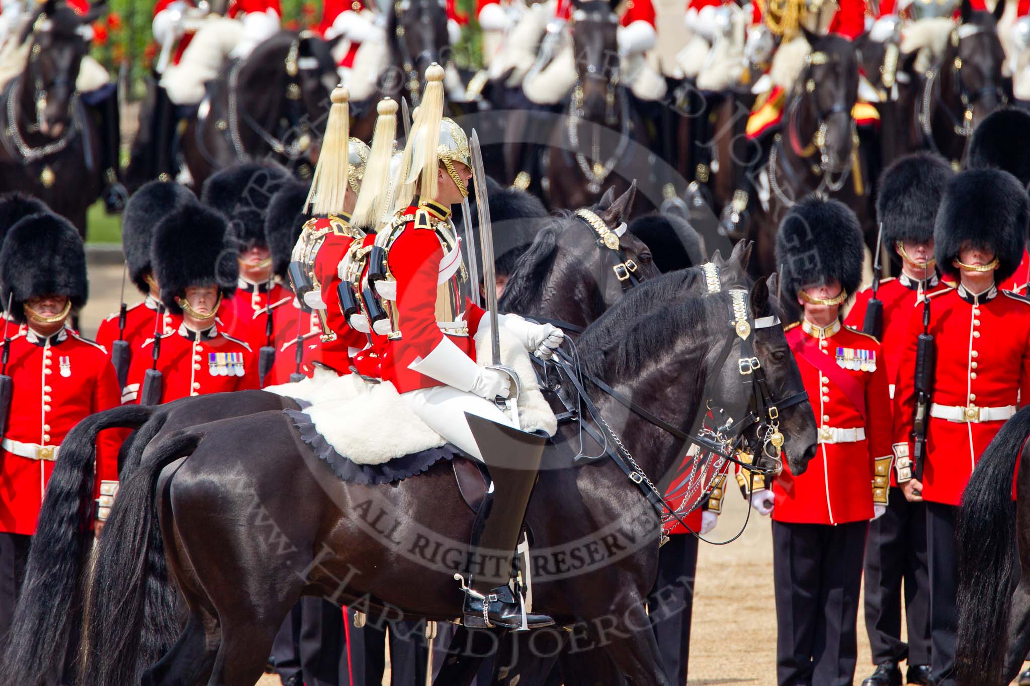 Trooping the Colour 2011: The Four Troopers of The Life Guards, with the Royal Procession during the Inspection of the Line..
Horse Guards Parade, Westminster,
London SW1,
Greater London,
United Kingdom,
on 11 June 2011 at 11:03, image #153