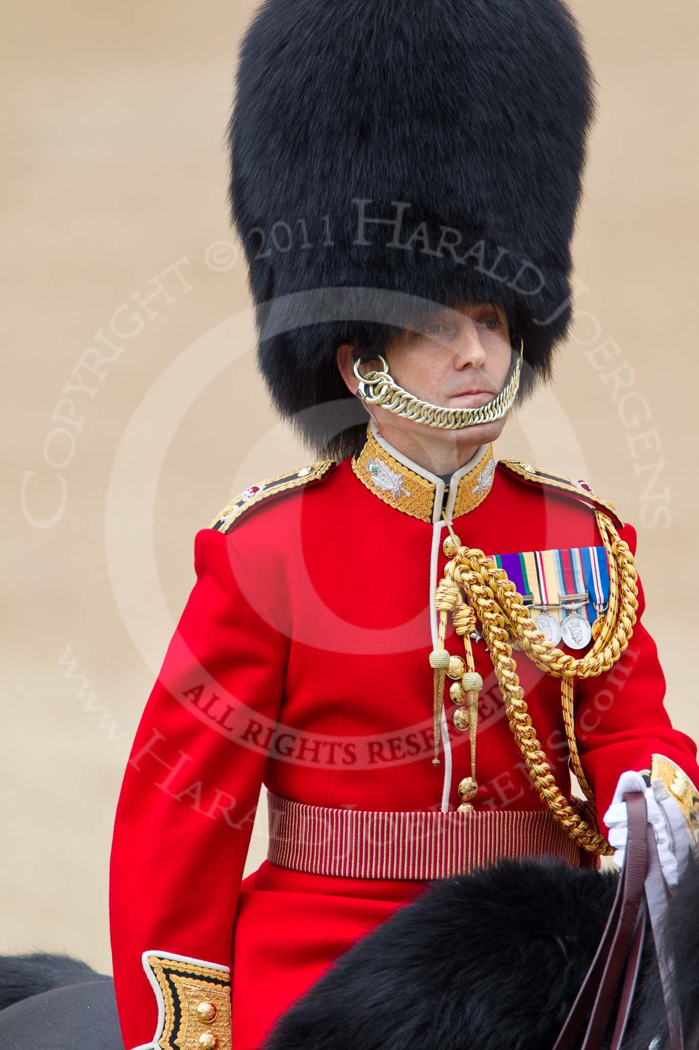 Trooping the Colour 2011: Close-up of the Brigade Major Household Division, Lieutenant Colonel A P Speed, Scots Guards..
Horse Guards Parade, Westminster,
London SW1,
Greater London,
United Kingdom,
on 11 June 2011 at 11:07, image #167