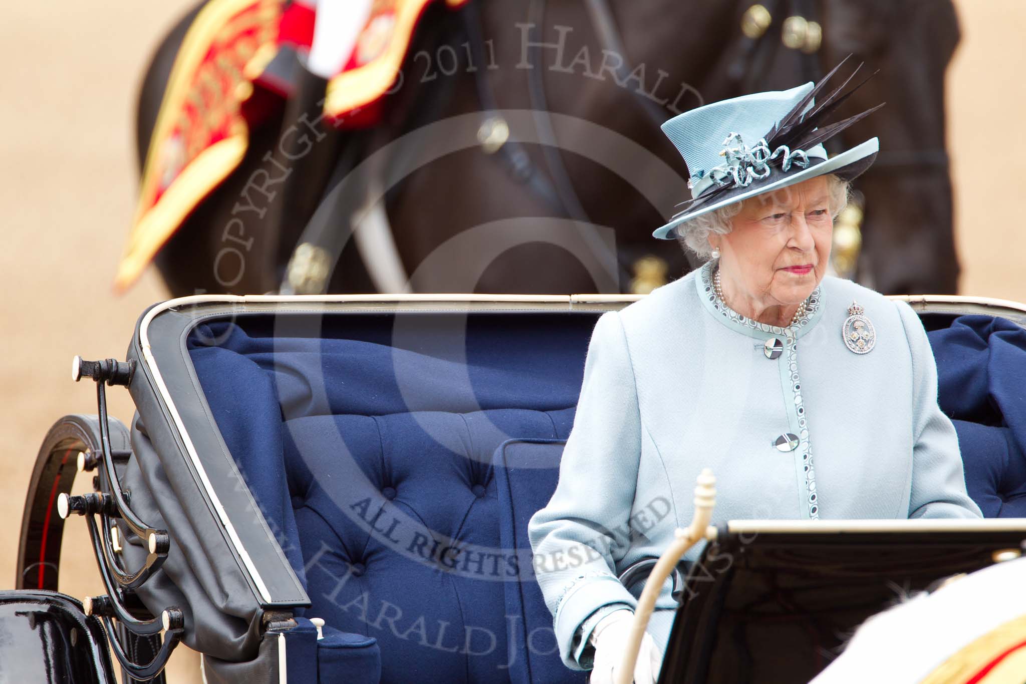 Trooping the Colour 2011: Close-up of HM The Queen in the ivory mounted phaeton during the Inspection of the Line..
Horse Guards Parade, Westminster,
London SW1,
Greater London,
United Kingdom,
on 11 June 2011 at 11:07, image #168