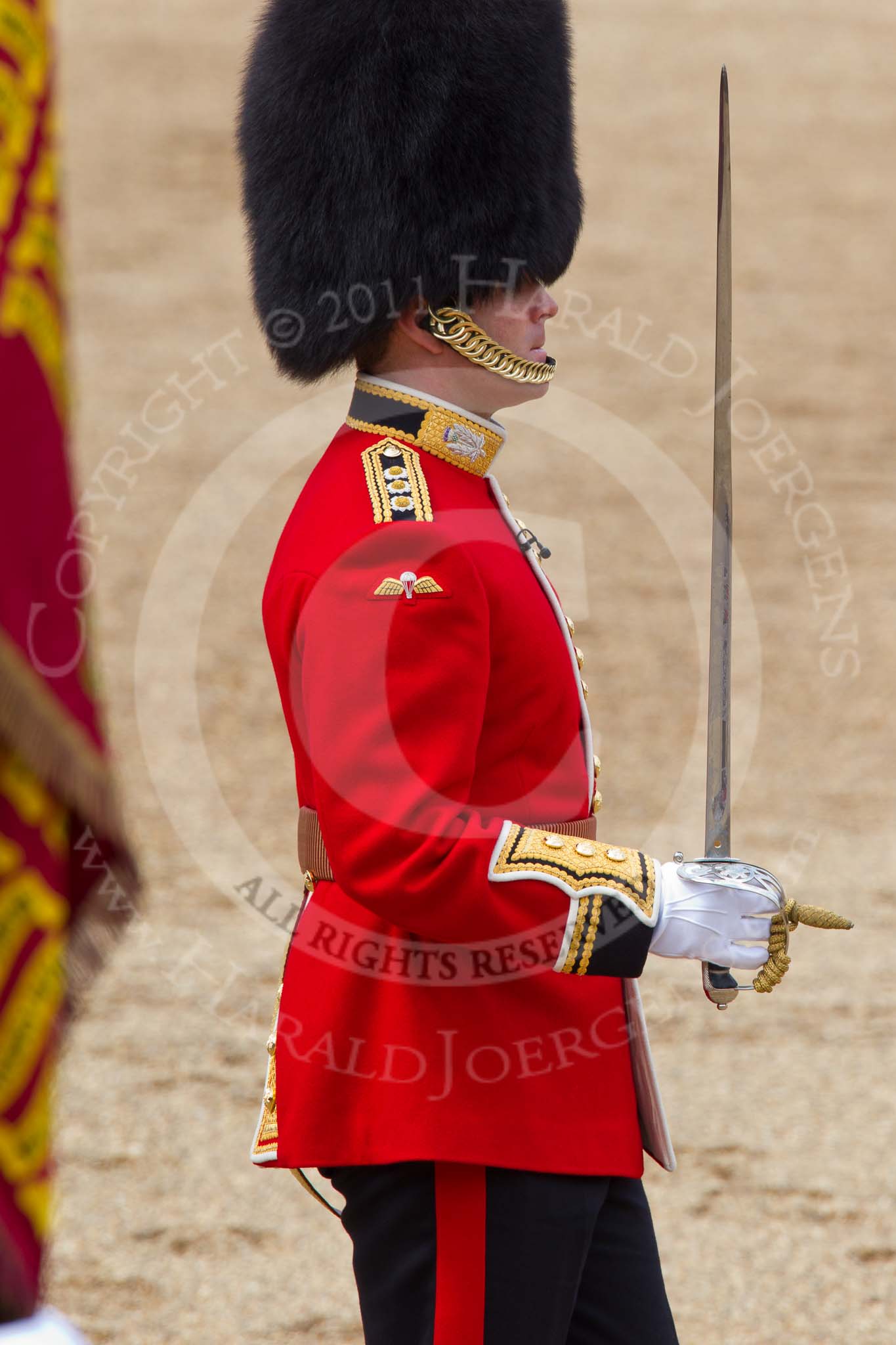 Trooping the Colour 2011: Captain D L Krause-Harder-Calthorpe, 1st Battalion Scots Guards, the Subaltern to the Escort..
Horse Guards Parade, Westminster,
London SW1,
Greater London,
United Kingdom,
on 11 June 2011 at 11:36, image #238