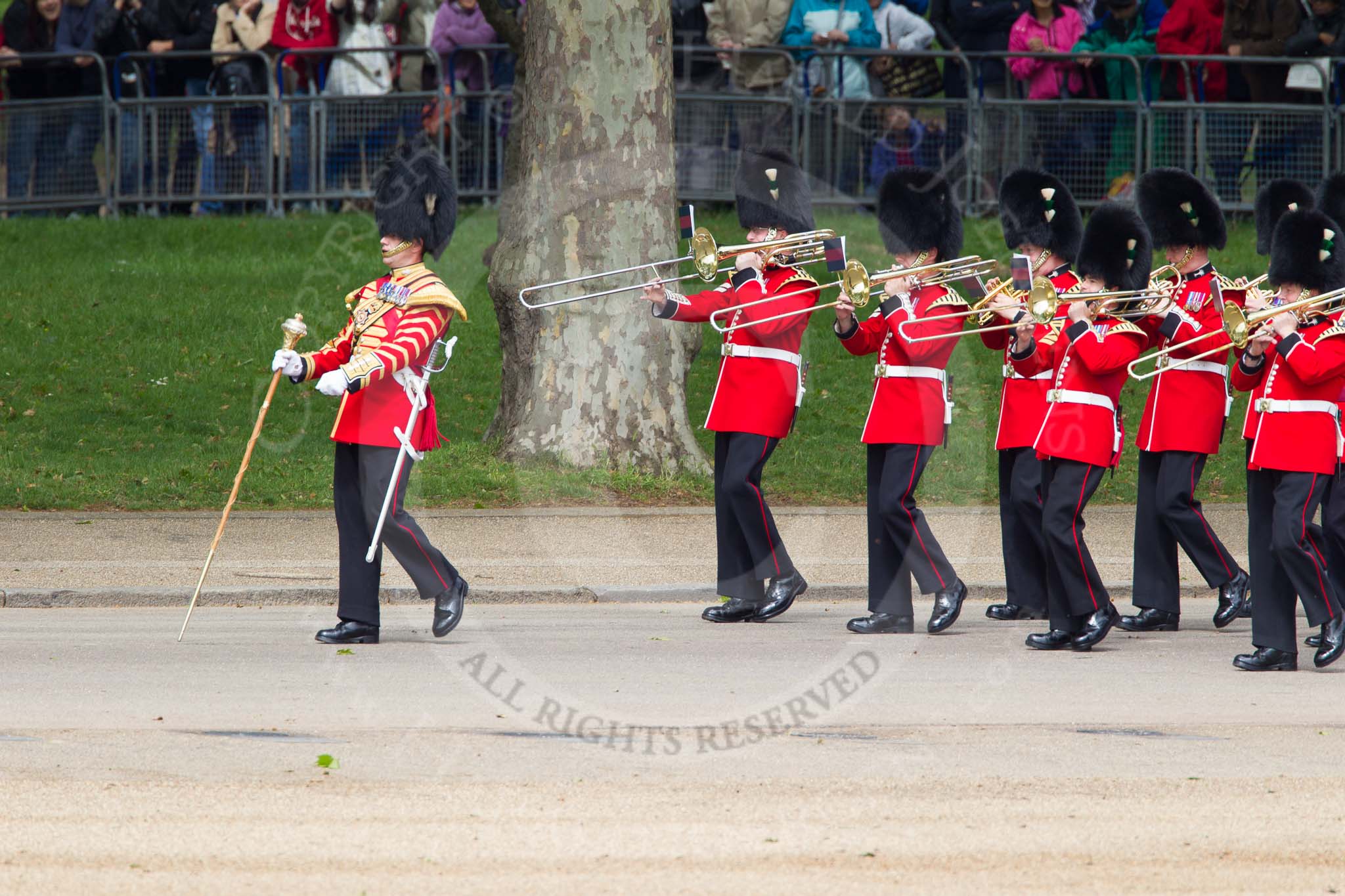 The Colonel's Review 2012: The Band of the Welsh Guards marching along the St James's Park side of Horse Guards Parade, led by Senior Drum Major M Betts, Grenadier Guards..
Horse Guards Parade, Westminster,
London SW1,

United Kingdom,
on 09 June 2012 at 10:10, image #15