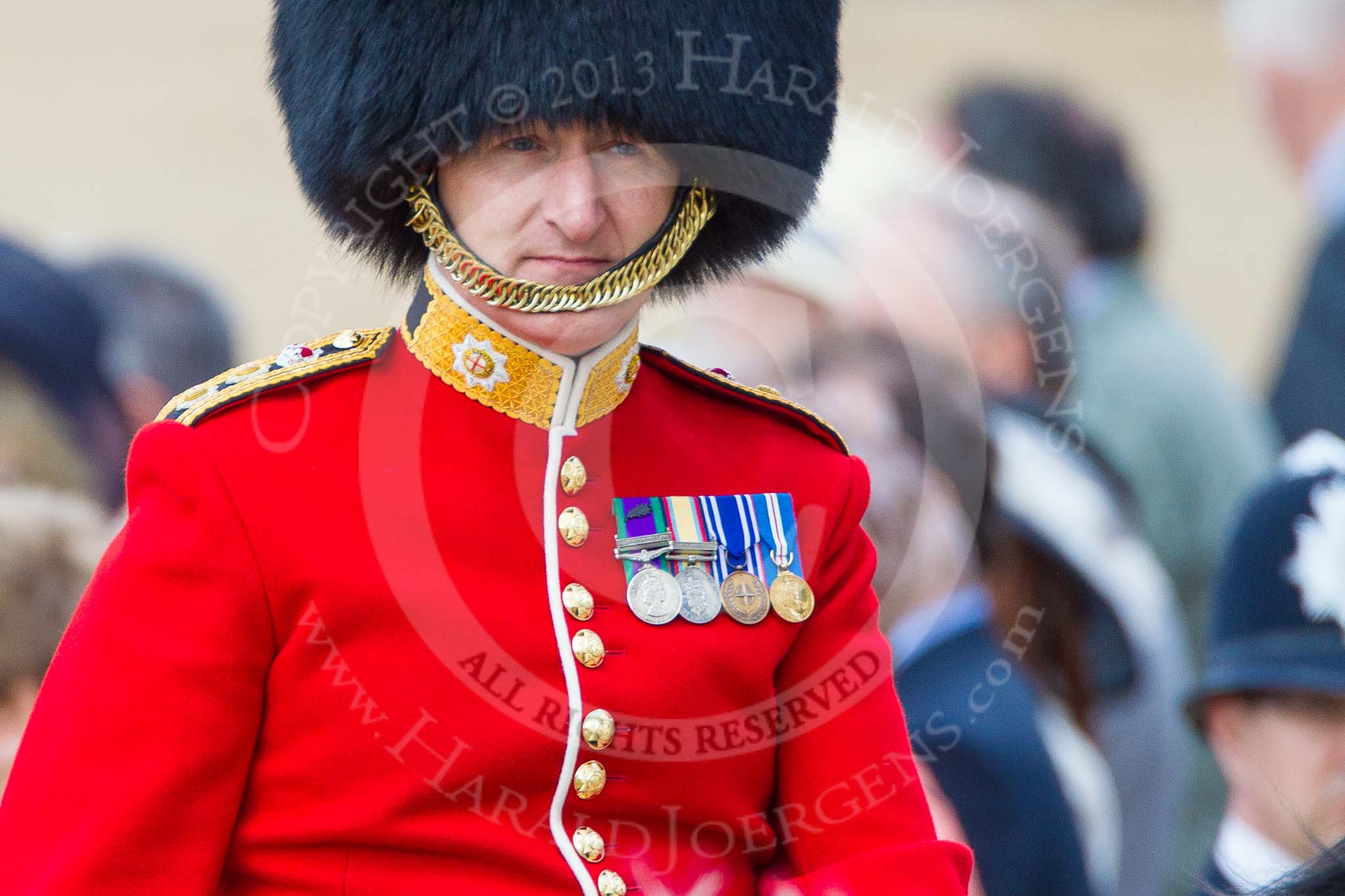 Trooping the Colour 2013: Foot Guards Regimental Adjutant Colonel D D S A Vandeleur, Coldstream Guards, during the Inspection of the Line..
Horse Guards Parade, Westminster,
London SW1,

United Kingdom,
on 15 June 2013 at 11:03, image #326