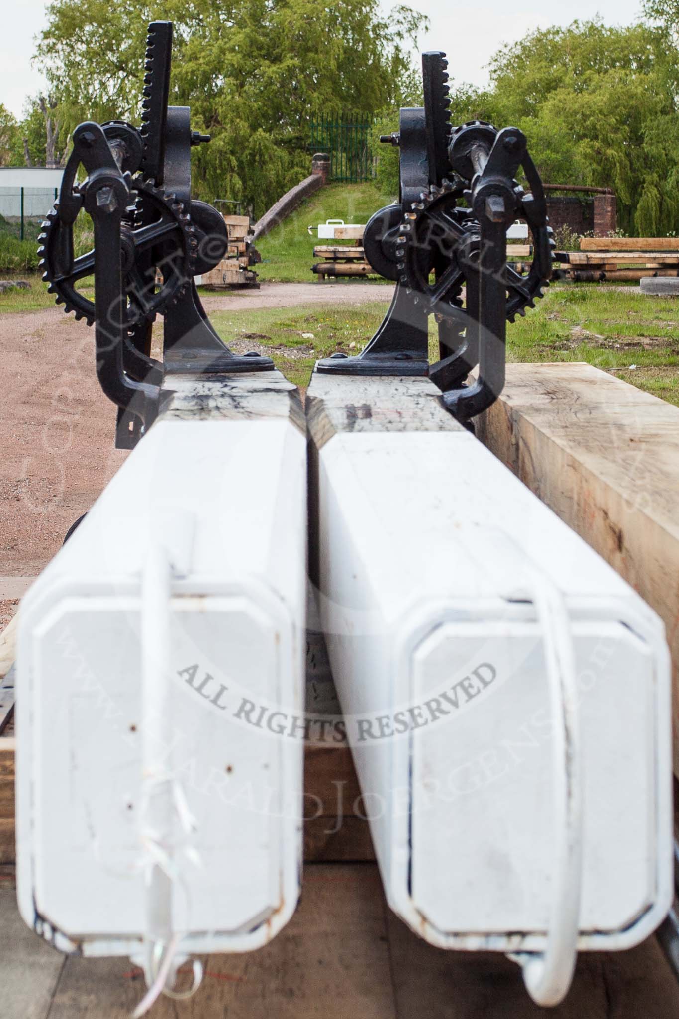 BCN Marathon Challenge 2013: Two new lock beams with paddle gear at the Bradley Workshops, at the terminus of the Bradley Branch..
Birmingham Canal Navigation,


United Kingdom,
on 25 May 2013 at 16:15, image #232