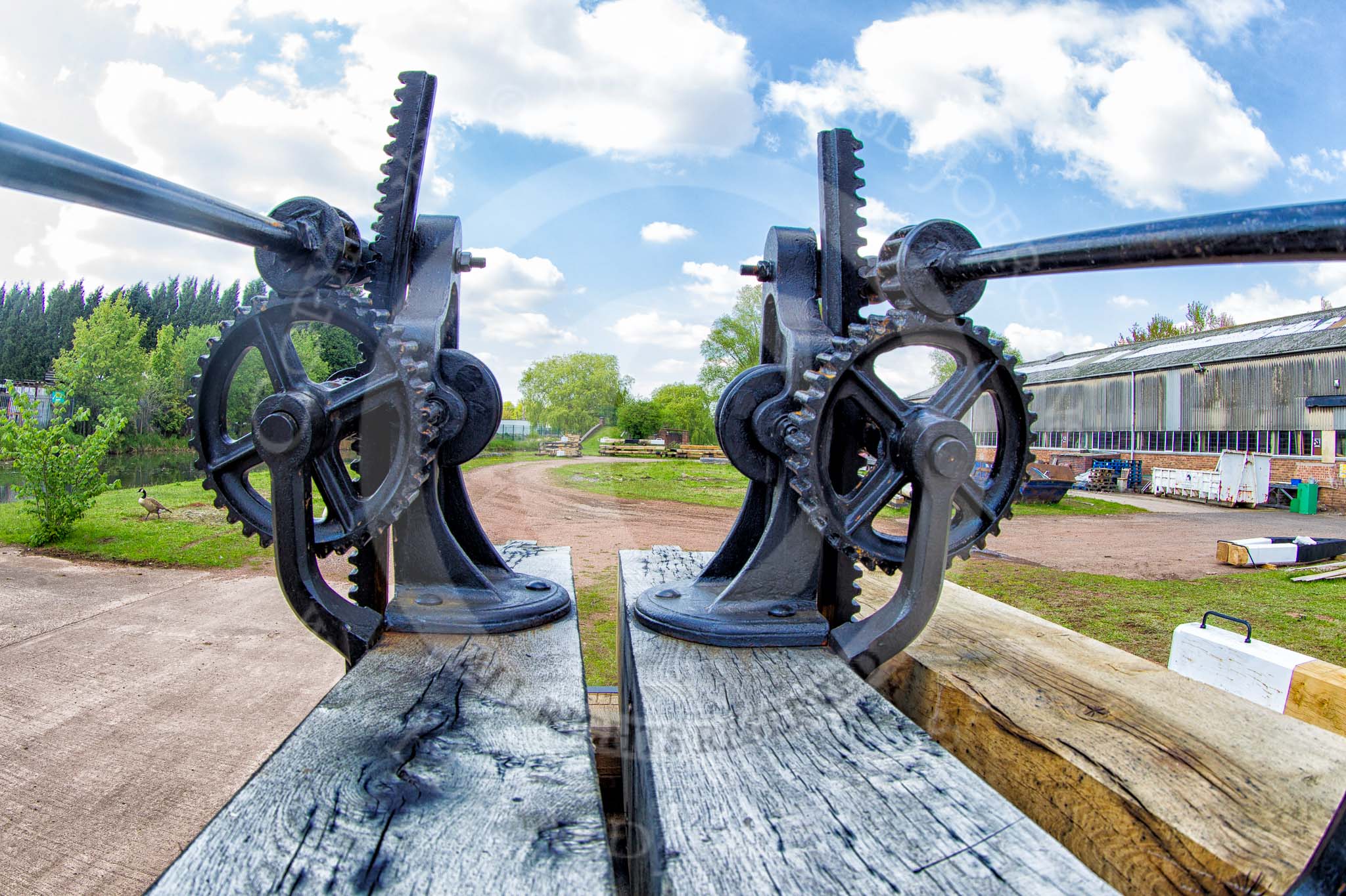 Photo 1305251615221D42540HaraldJoergensE2512 BCN Marathon Challenge 2013: Close-up view of new paddle gear at the British Waterways Bradley Workshops, at the terminus of the Bradley Branch, the former Wednesbury Oak Loop..
Birmingham Canal Navigation,
United Kingdom,
on 25 May 2013 at 16:15, image #233