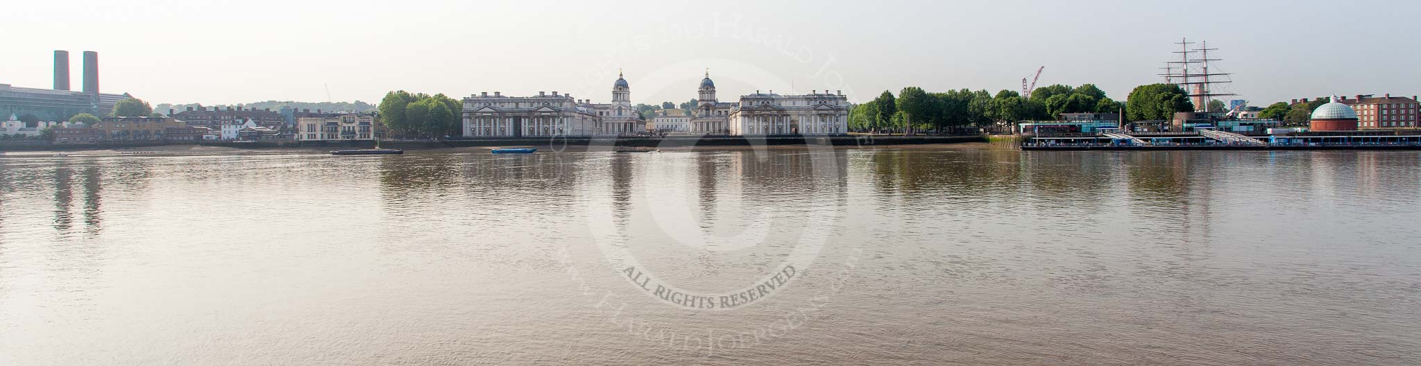 TOW River Thames Barge Driving Race 2013: Greenwich, the starting point of the race, seen from the northern side of the river. In the centre the National Maritime Museum, on the right Greenwich Pier and the Cutty Sark..
River Thames between Greenwich and Westminster,
London,

United Kingdom,
on 13 July 2013 at 08:45, image #1