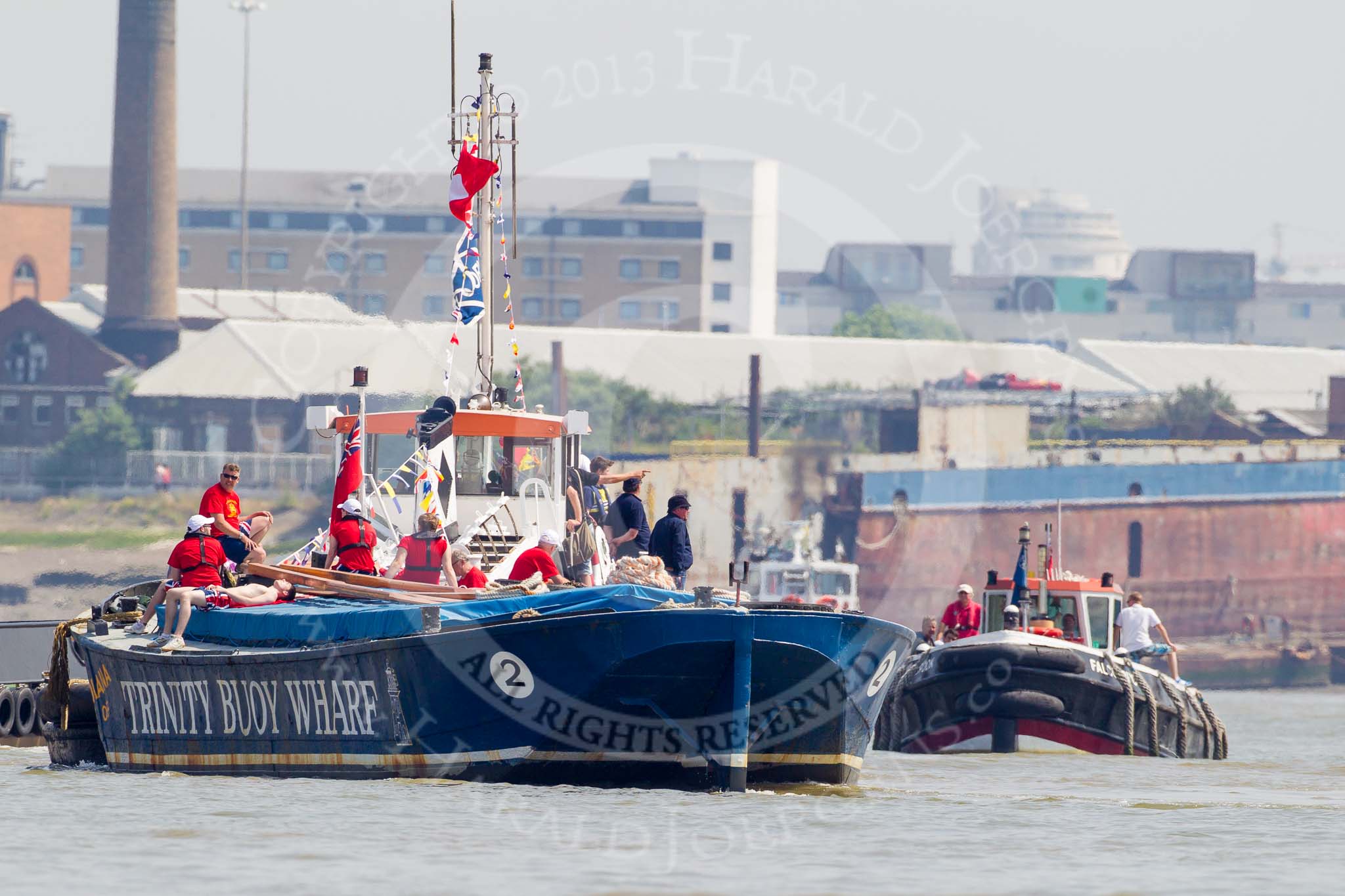 TOW River Thames Barge Driving Race 2013: Barge "Diana", by Trinity Buoy Wharf, is pulled to the start of the race..
River Thames between Greenwich and Westminster,
London,

United Kingdom,
on 13 July 2013 at 11:37, image #33