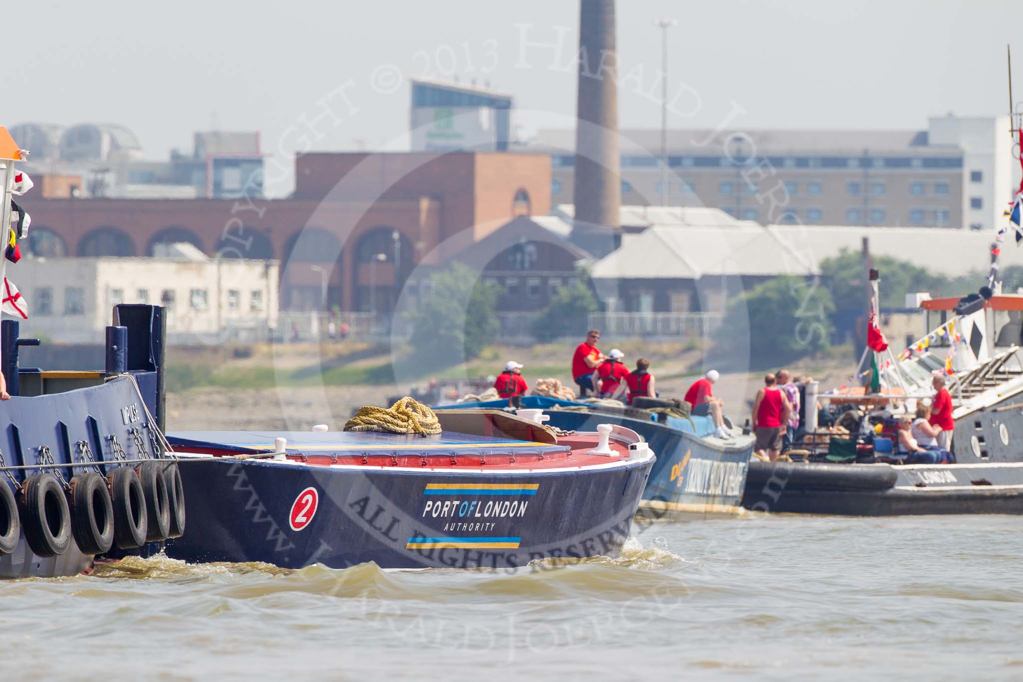 TOW River Thames Barge Driving Race 2013: Barges "Blackwall", by the Port of London Authority, and "Diana", by Trinity Buoy Wharf, on the way to the start of the race..
River Thames between Greenwich and Westminster,
London,

United Kingdom,
on 13 July 2013 at 11:37, image #35