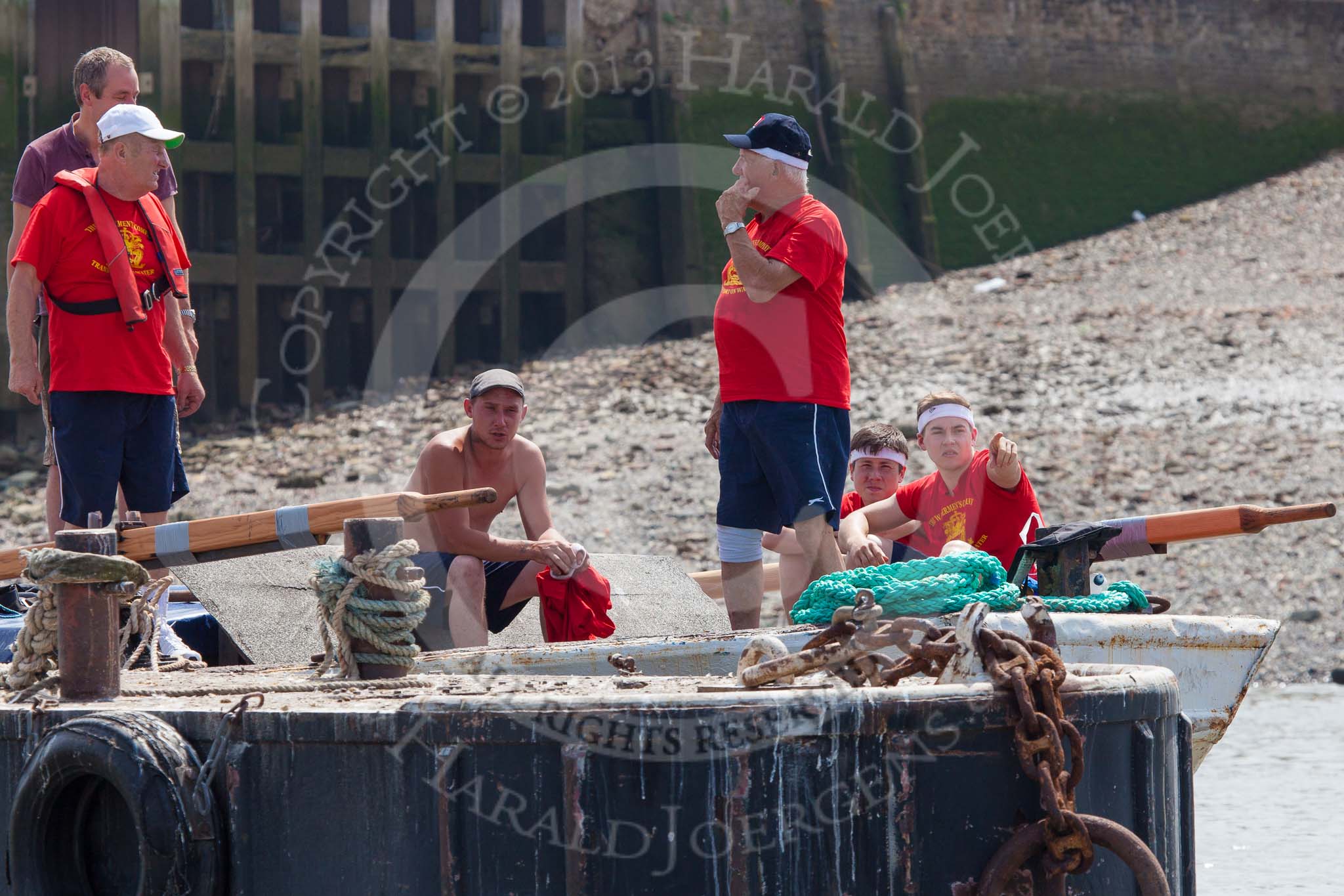 Photo 1307131158545D23611HaraldJoergens TOW River Thames Barge Driving Race 2013: Crew on board of barge "Spirit of Mountabatten", by Mechanical Movements and Enabling Services Ltd, before the race..
River Thames between Greenwich and Westminster,
London,
United Kingdom,
on 13 July 2013 at 11:59, image #41