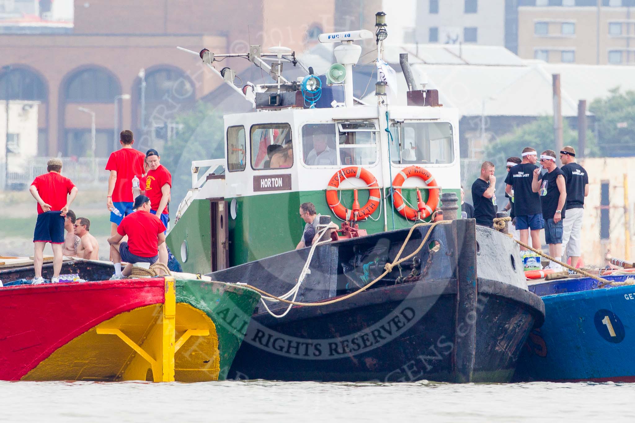 TOW River Thames Barge Driving Race 2013: Barges  "Darren Lacey", by Princess Pocahontas, and "Jane" by the RMT Union, with their crews next to tug "Horton", before the start of the race..
River Thames between Greenwich and Westminster,
London,

United Kingdom,
on 13 July 2013 at 12:12, image #51