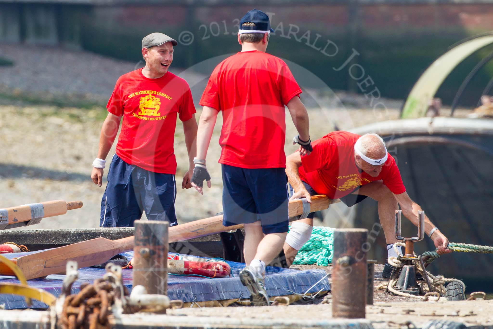 TOW River Thames Barge Driving Race 2013: Crew on board of barge "Spirit of Mountabatten", by Mechanical Movements and Enabling Services Ltd, before the race..
River Thames between Greenwich and Westminster,
London,

United Kingdom,
on 13 July 2013 at 12:15, image #57
