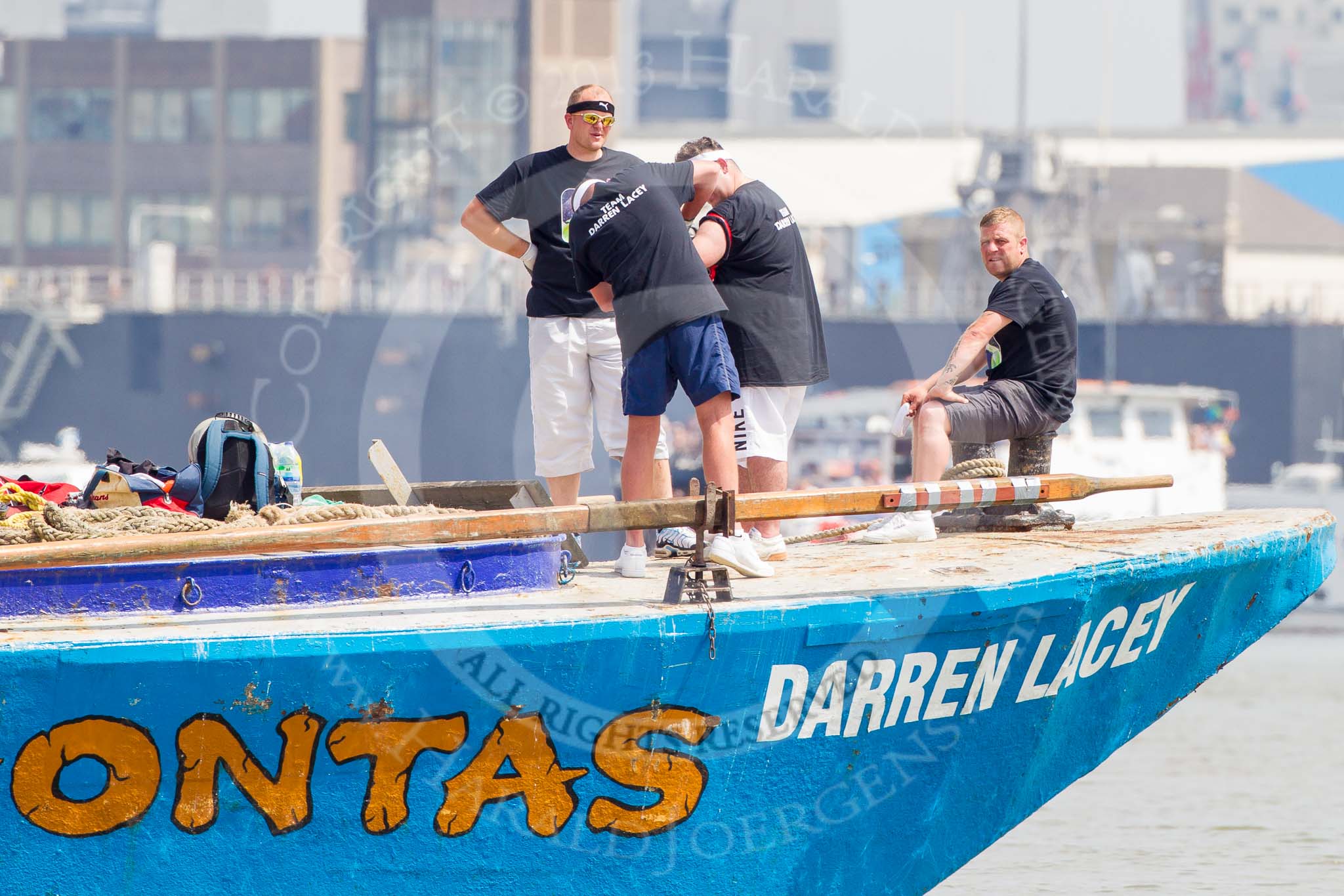 TOW River Thames Barge Driving Race 2013: The crew on board of barge  "Darren Lacey", by Princess Pocahontas,  before the start of the race..
River Thames between Greenwich and Westminster,
London,

United Kingdom,
on 13 July 2013 at 12:16, image #60