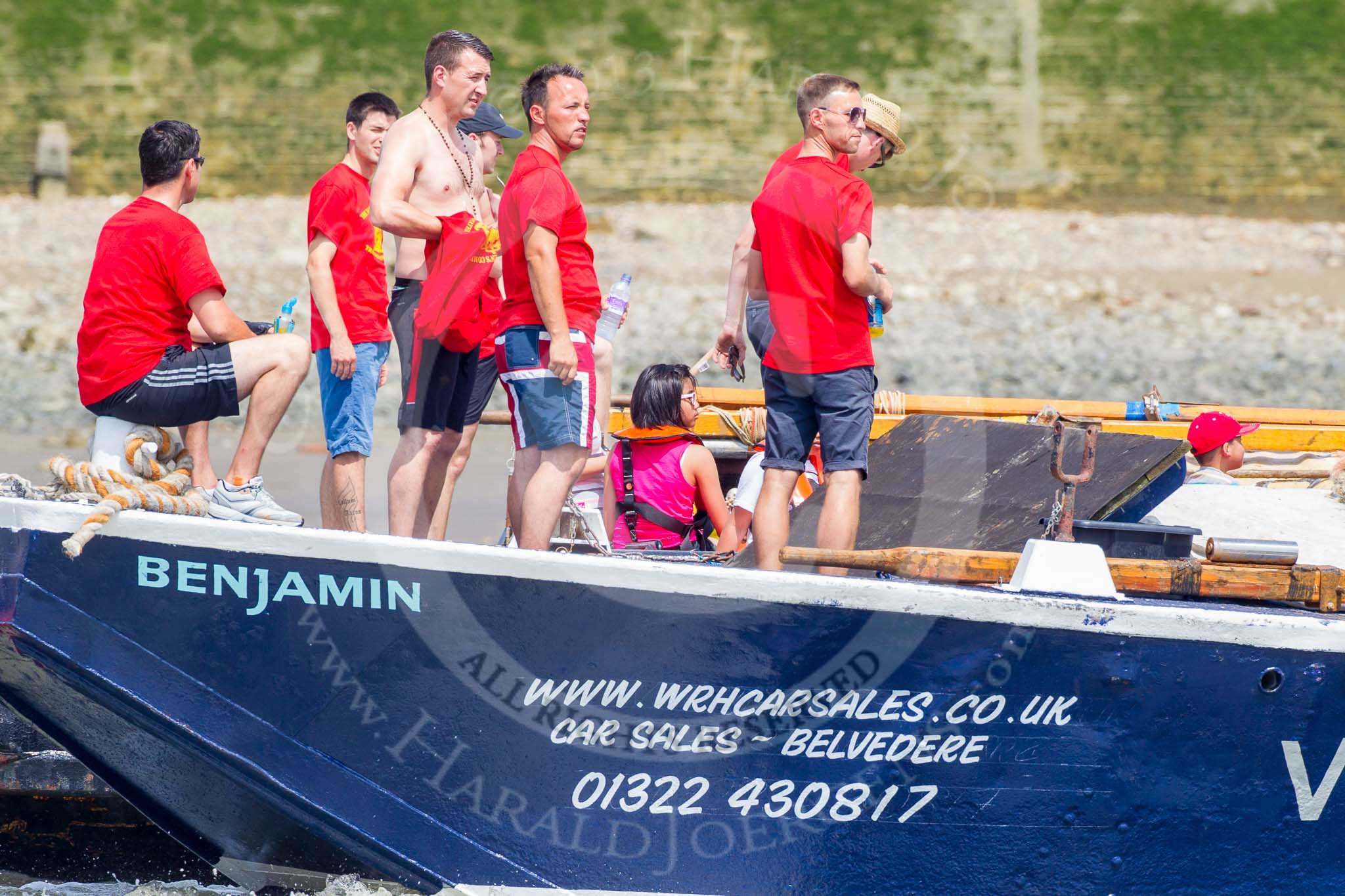 TOW River Thames Barge Driving Race 2013: Crew on board of barge "Benjamin", by London Party Boats, on the way to start of the race..
River Thames between Greenwich and Westminster,
London,

United Kingdom,
on 13 July 2013 at 12:18, image #62