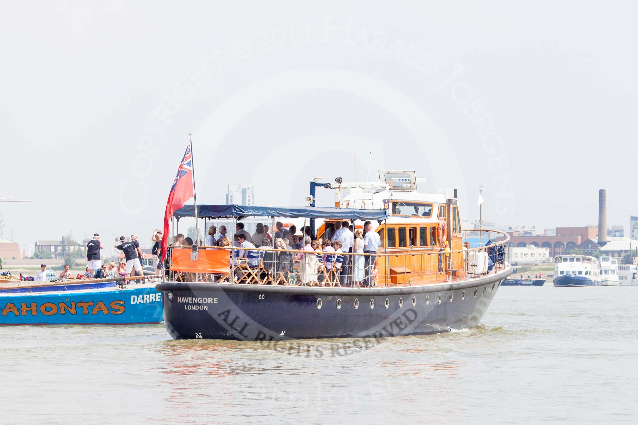 TOW River Thames Barge Driving Race 2013: "Havengore" passing barge "Darren Lacey" before the start of the race. Havengore, launched 1956, has a long history as hydrographic survey launch and as a ceremonial vessel..
River Thames between Greenwich and Westminster,
London,

United Kingdom,
on 13 July 2013 at 12:21, image #66