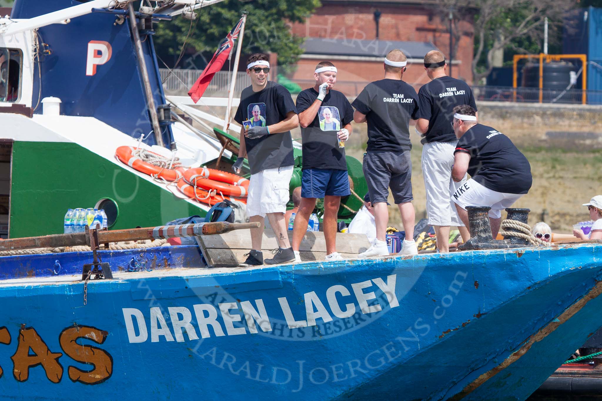 TOW River Thames Barge Driving Race 2013: The crew on board of barge  "Darren Lacey", by Princess Pocahontas,  before the start of the race..
River Thames between Greenwich and Westminster,
London,

United Kingdom,
on 13 July 2013 at 12:21, image #68