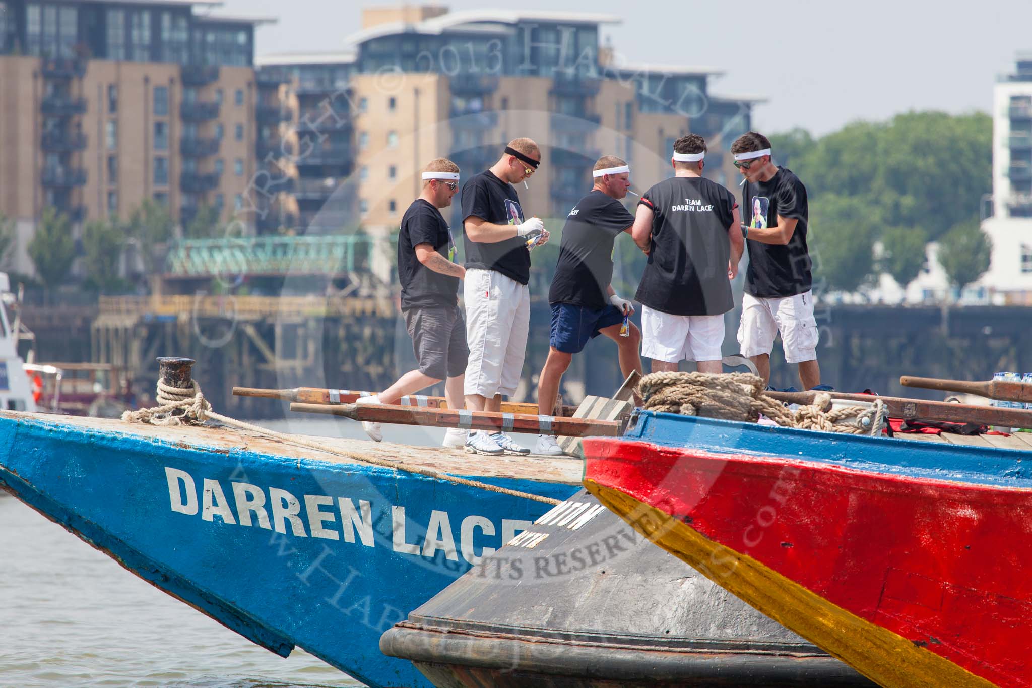 TOW River Thames Barge Driving Race 2013: Crews on board of barge  "Darren Lacey", by Princess Pocahontas,  before the start of the race..
River Thames between Greenwich and Westminster,
London,

United Kingdom,
on 13 July 2013 at 12:22, image #74