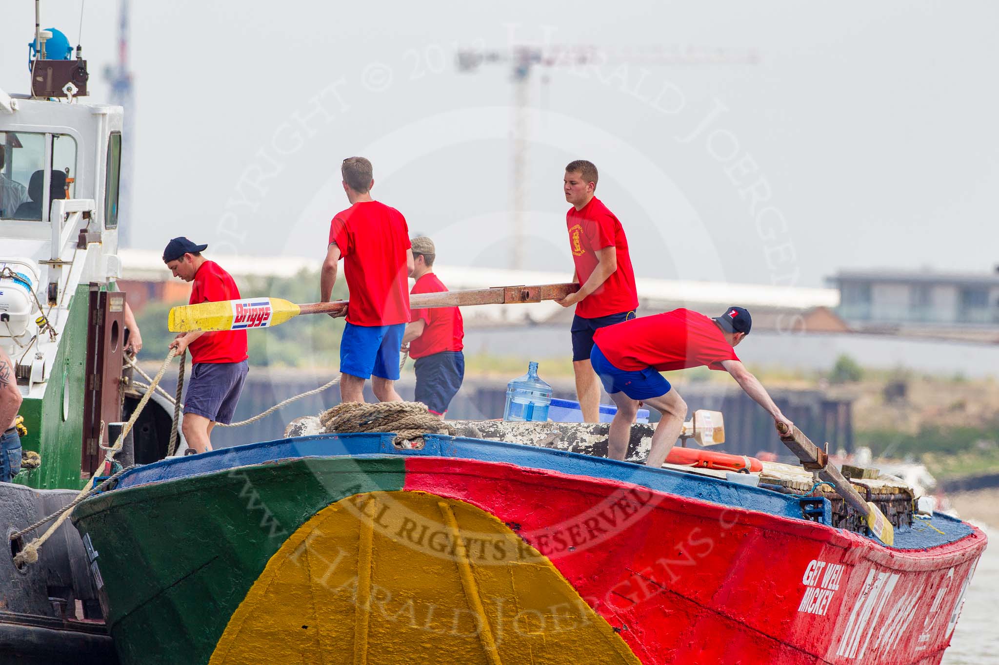 TOW River Thames Barge Driving Race 2013: The crew on board of barge "Jane", by the RMT Union, is getting ready for the start of the race..
River Thames between Greenwich and Westminster,
London,

United Kingdom,
on 13 July 2013 at 12:29, image #85