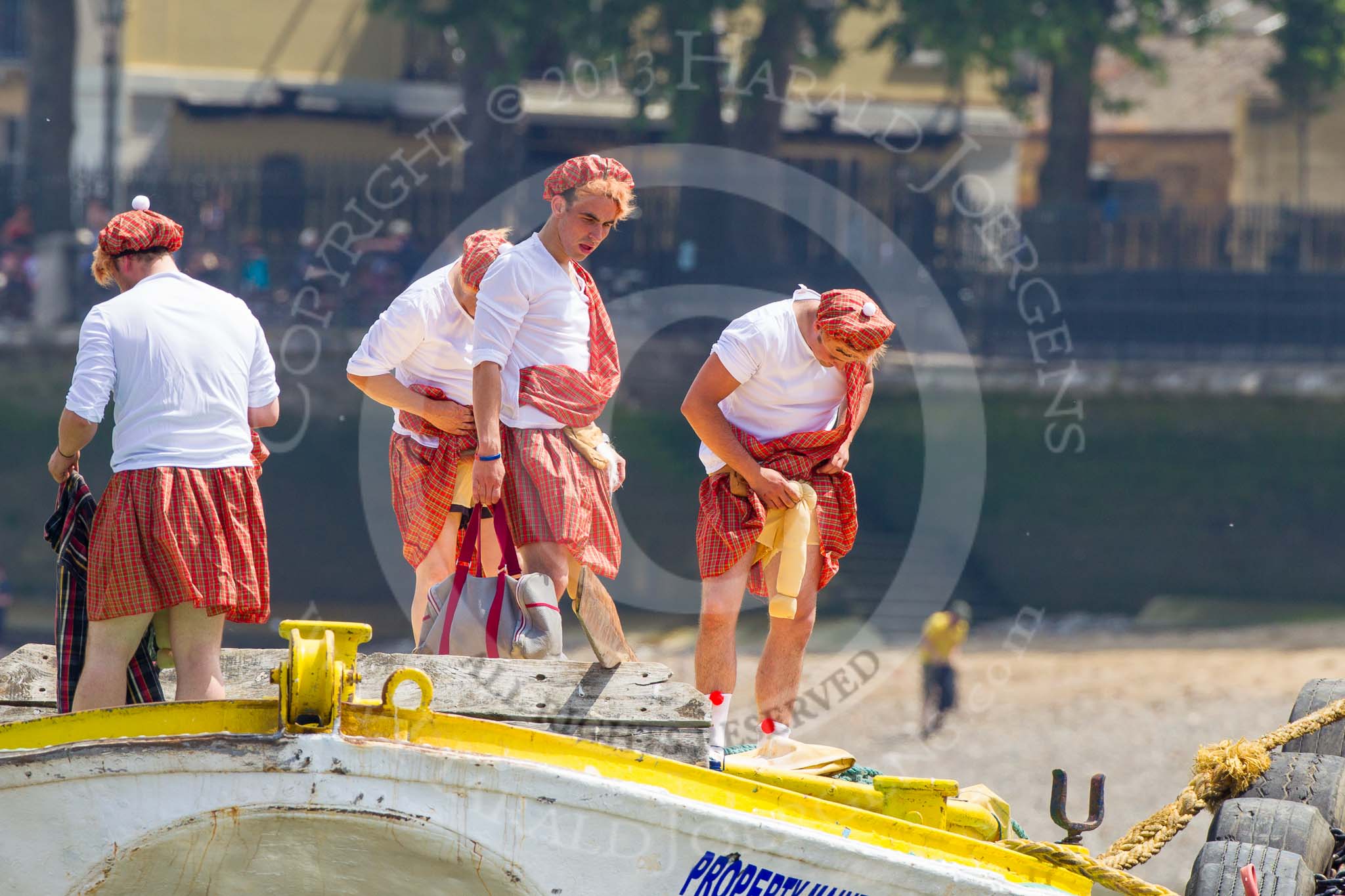 TOW River Thames Barge Driving Race 2013: The crew on board of barge "Hoppy", by GPS Fabrication, is checking their equipment before the start of the race..
River Thames between Greenwich and Westminster,
London,

United Kingdom,
on 13 July 2013 at 12:32, image #88