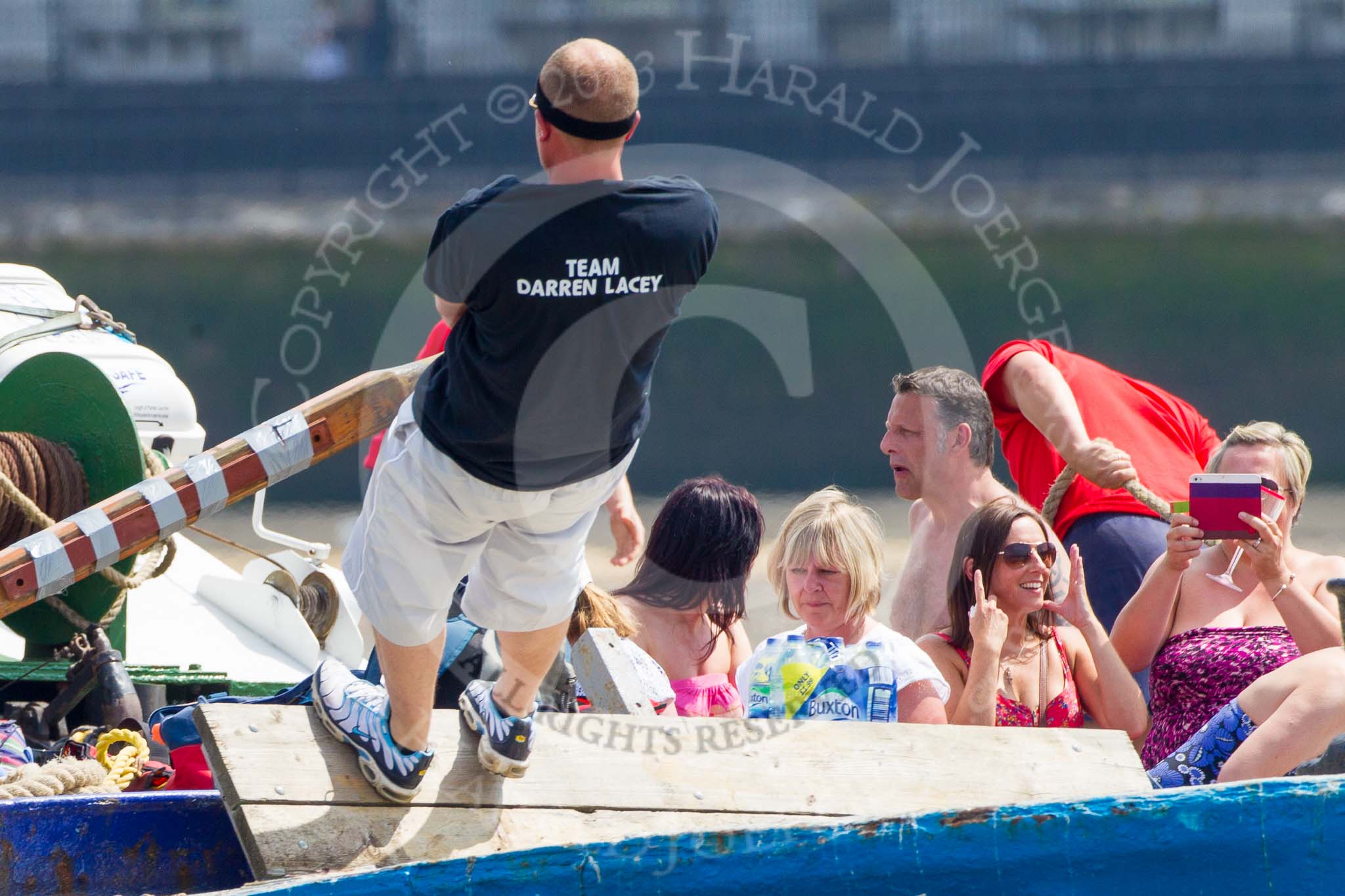 TOW River Thames Barge Driving Race 2013: The race is on - barge "Darren Lacey", by Princess Pocahontas, guests on board of the GPS Marine tug "Vincia" behind..
River Thames between Greenwich and Westminster,
London,

United Kingdom,
on 13 July 2013 at 12:34, image #96