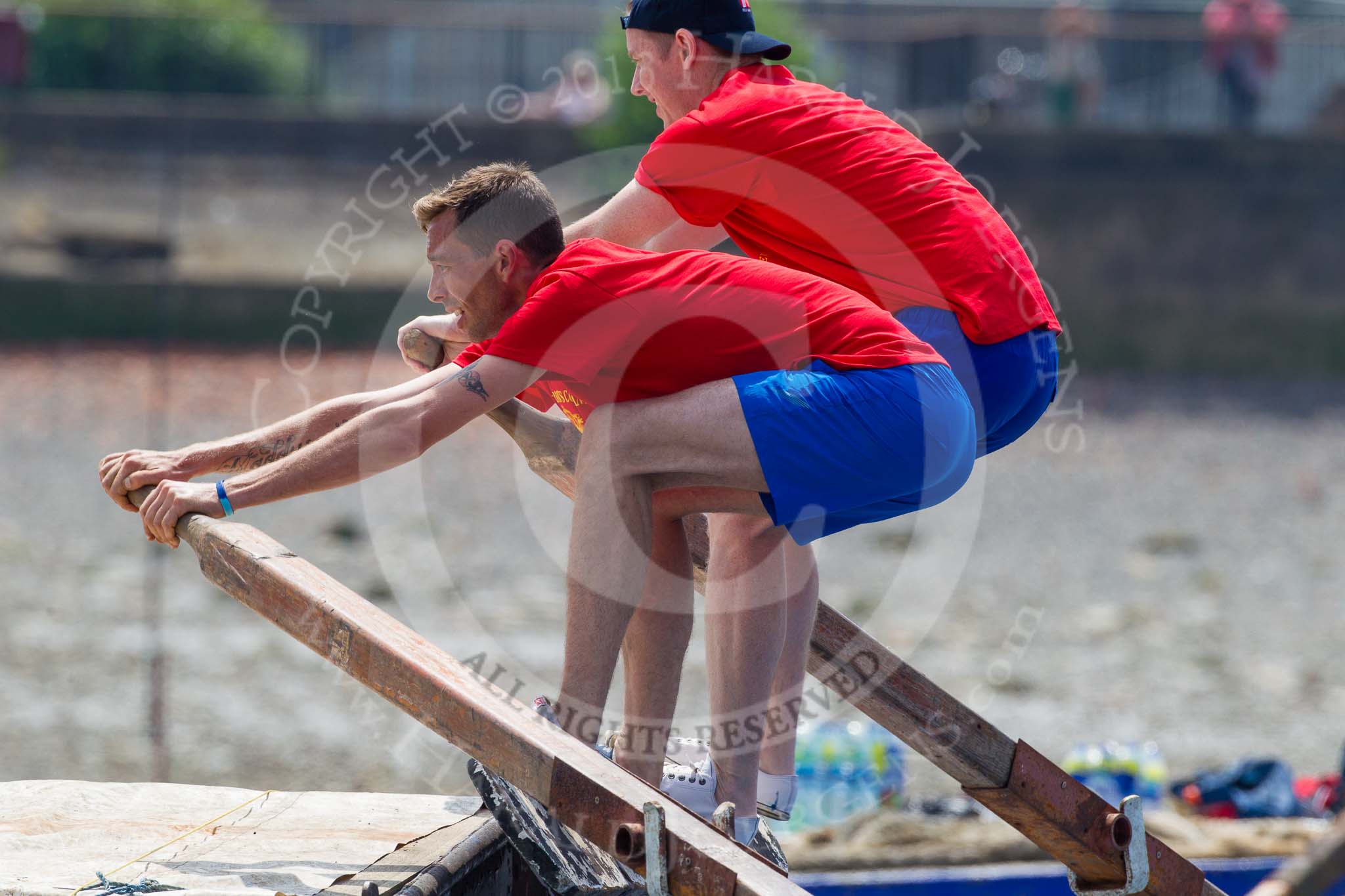 TOW River Thames Barge Driving Race 2013: Rowers on the deck of barge "Jane", by the RMT Union, during the race..
River Thames between Greenwich and Westminster,
London,

United Kingdom,
on 13 July 2013 at 12:37, image #128