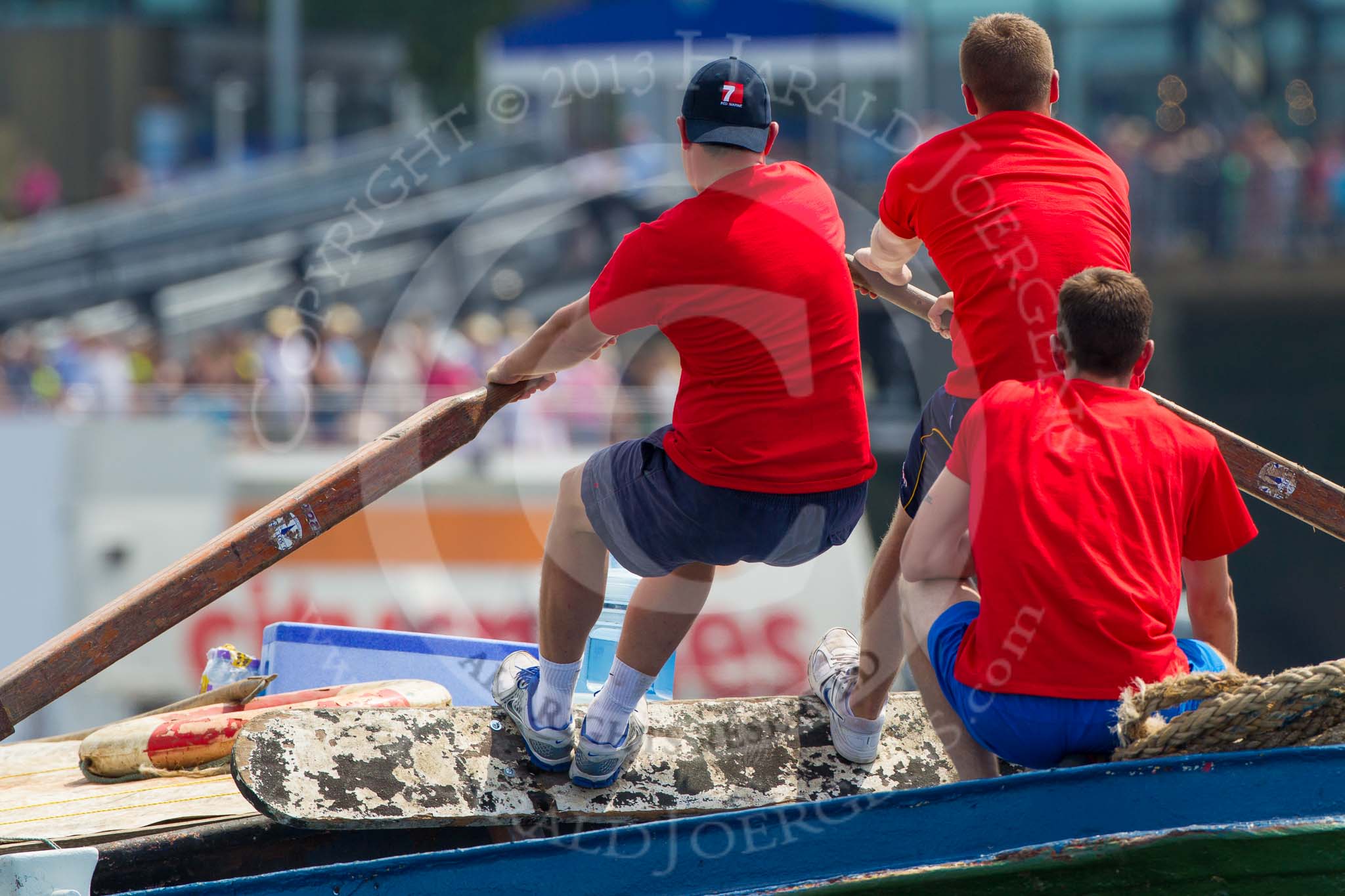 TOW River Thames Barge Driving Race 2013: Rowers on the deck of barge "Jane", by the RMT Union, during the race..
River Thames between Greenwich and Westminster,
London,

United Kingdom,
on 13 July 2013 at 12:37, image #135