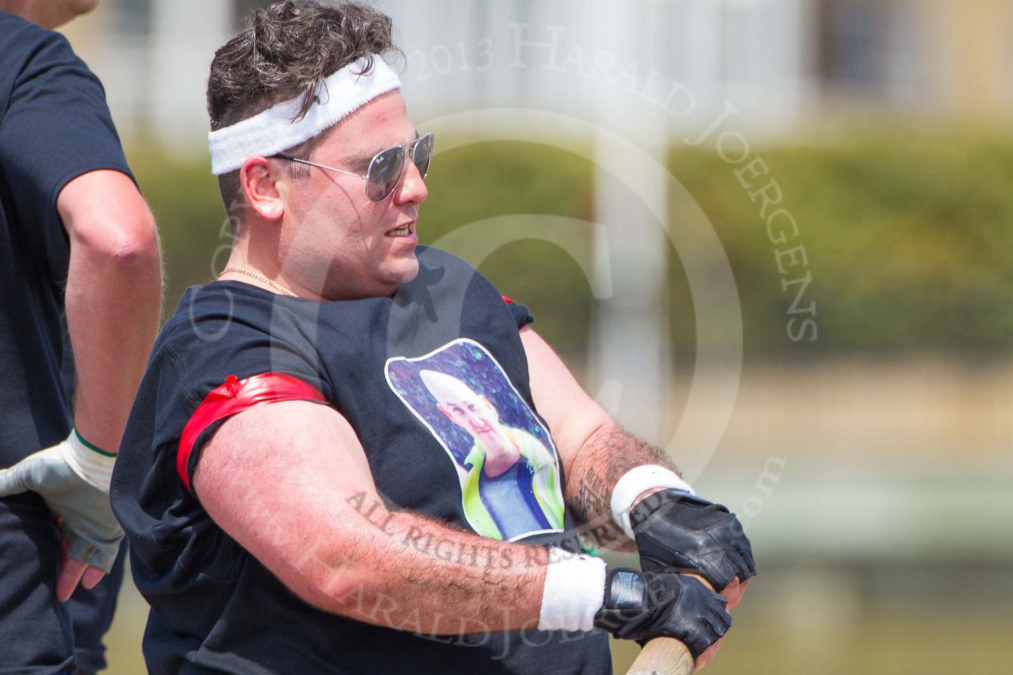 TOW River Thames Barge Driving Race 2013: Rowers on the deck of barge "Darren Lacey", by Princess Pocahontas, working hard during the race..
River Thames between Greenwich and Westminster,
London,

United Kingdom,
on 13 July 2013 at 12:39, image #147