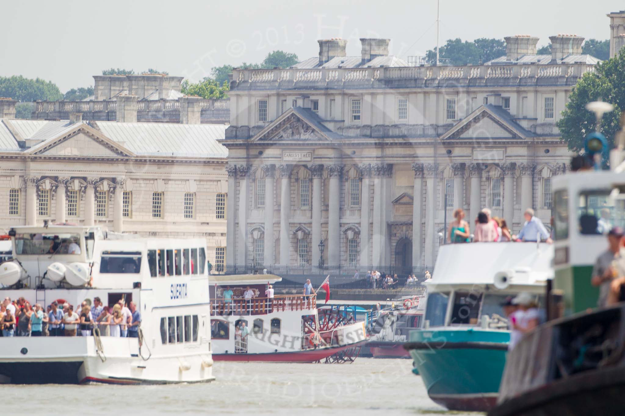 TOW River Thames Barge Driving Race 2013: Pleasure boat traffic before the start of the race at Greenwich..
River Thames between Greenwich and Westminster,
London,

United Kingdom,
on 13 July 2013 at 12:45, image #197