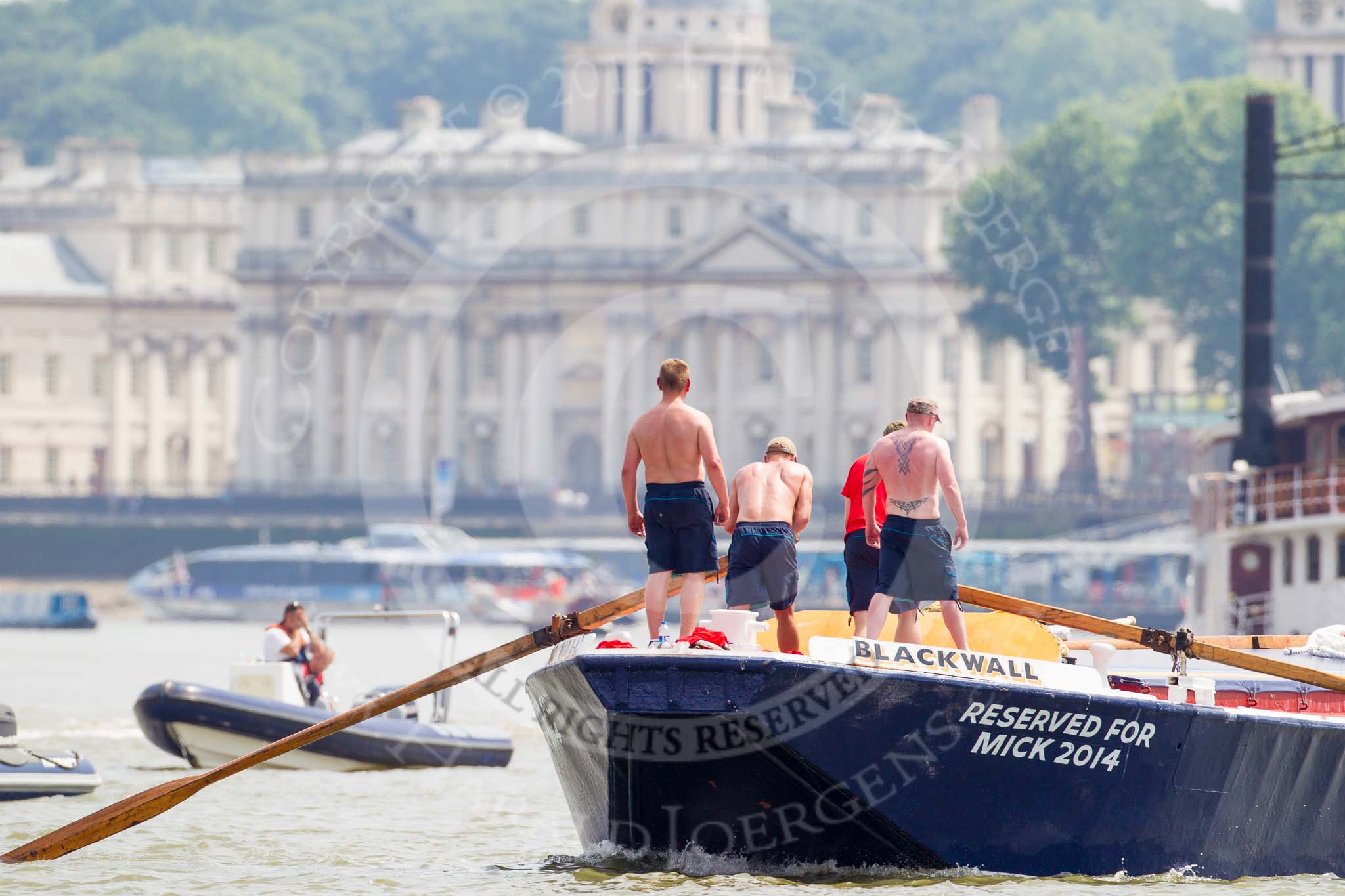 TOW River Thames Barge Driving Race 2013: Barge "Blackwall", by the Port of London Authority, at the start of the race..
River Thames between Greenwich and Westminster,
London,

United Kingdom,
on 13 July 2013 at 12:49, image #226