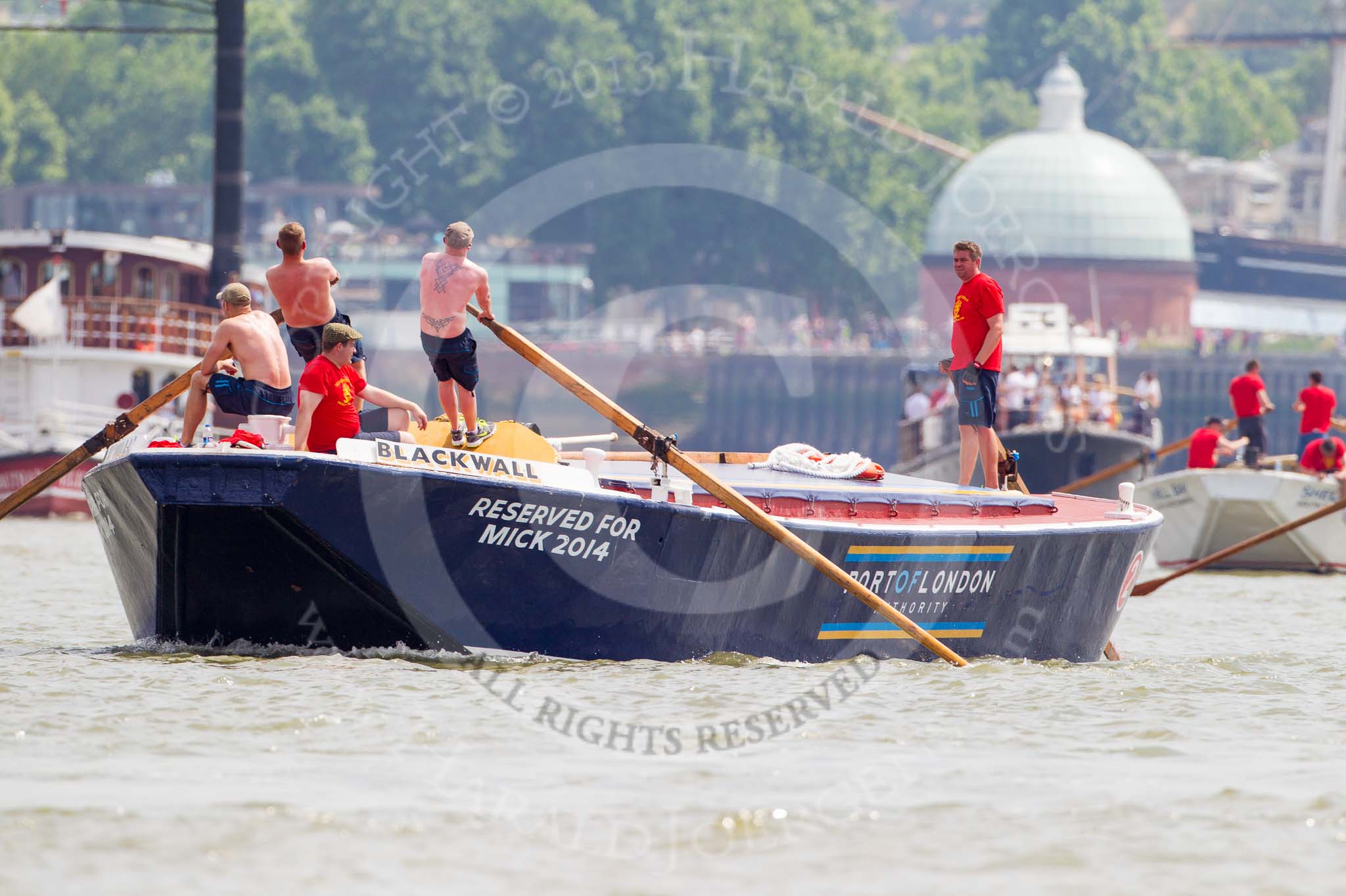 TOW River Thames Barge Driving Race 2013: Barge "Blackwall", by the Port of London Authority, at the start of the race..
River Thames between Greenwich and Westminster,
London,

United Kingdom,
on 13 July 2013 at 12:49, image #228