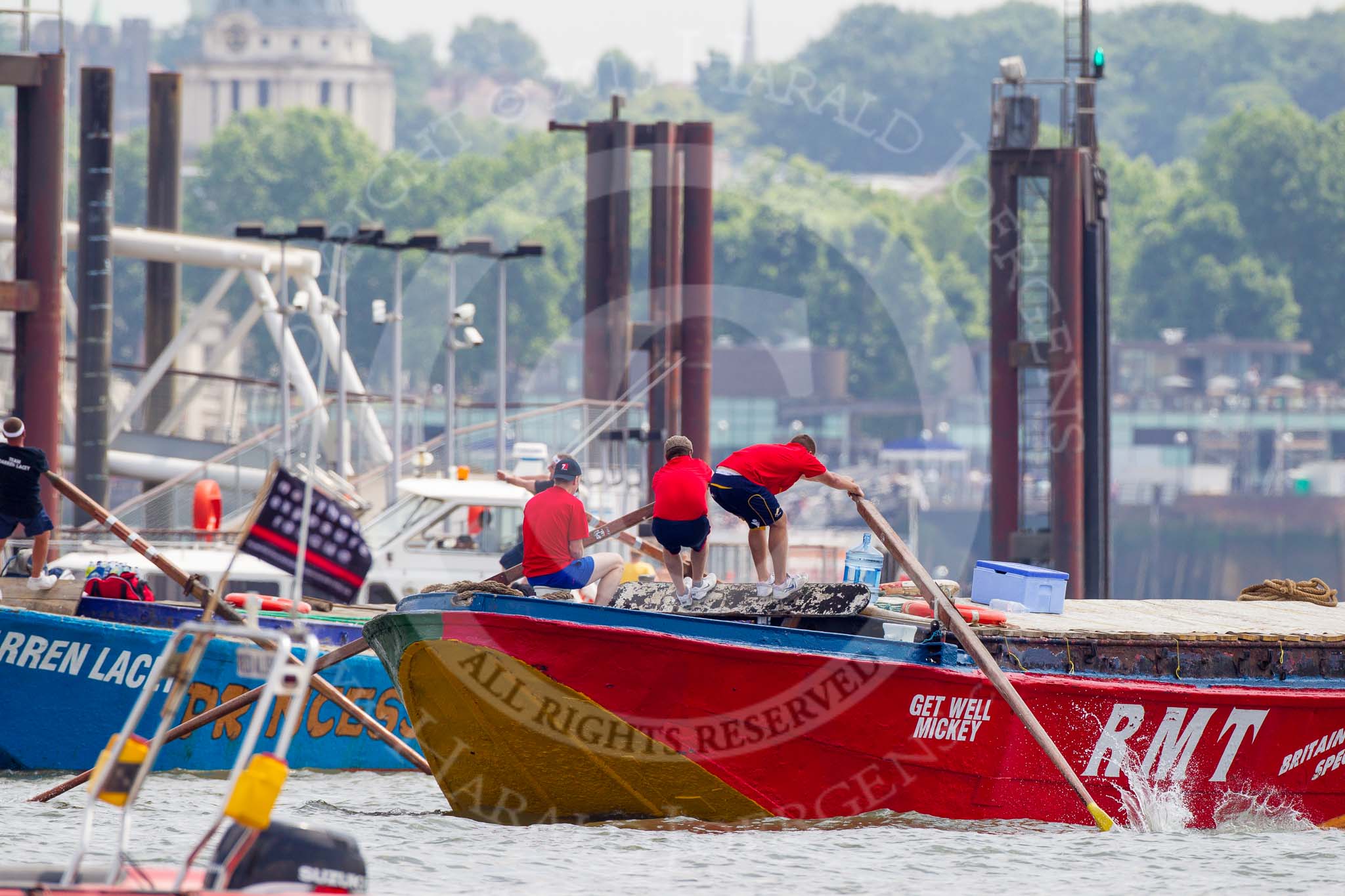 TOW River Thames Barge Driving Race 2013: Barge "Darren Lacey", by Princess Pocahontas, and barge "Jane", by the RMT Union..
River Thames between Greenwich and Westminster,
London,

United Kingdom,
on 13 July 2013 at 12:50, image #230