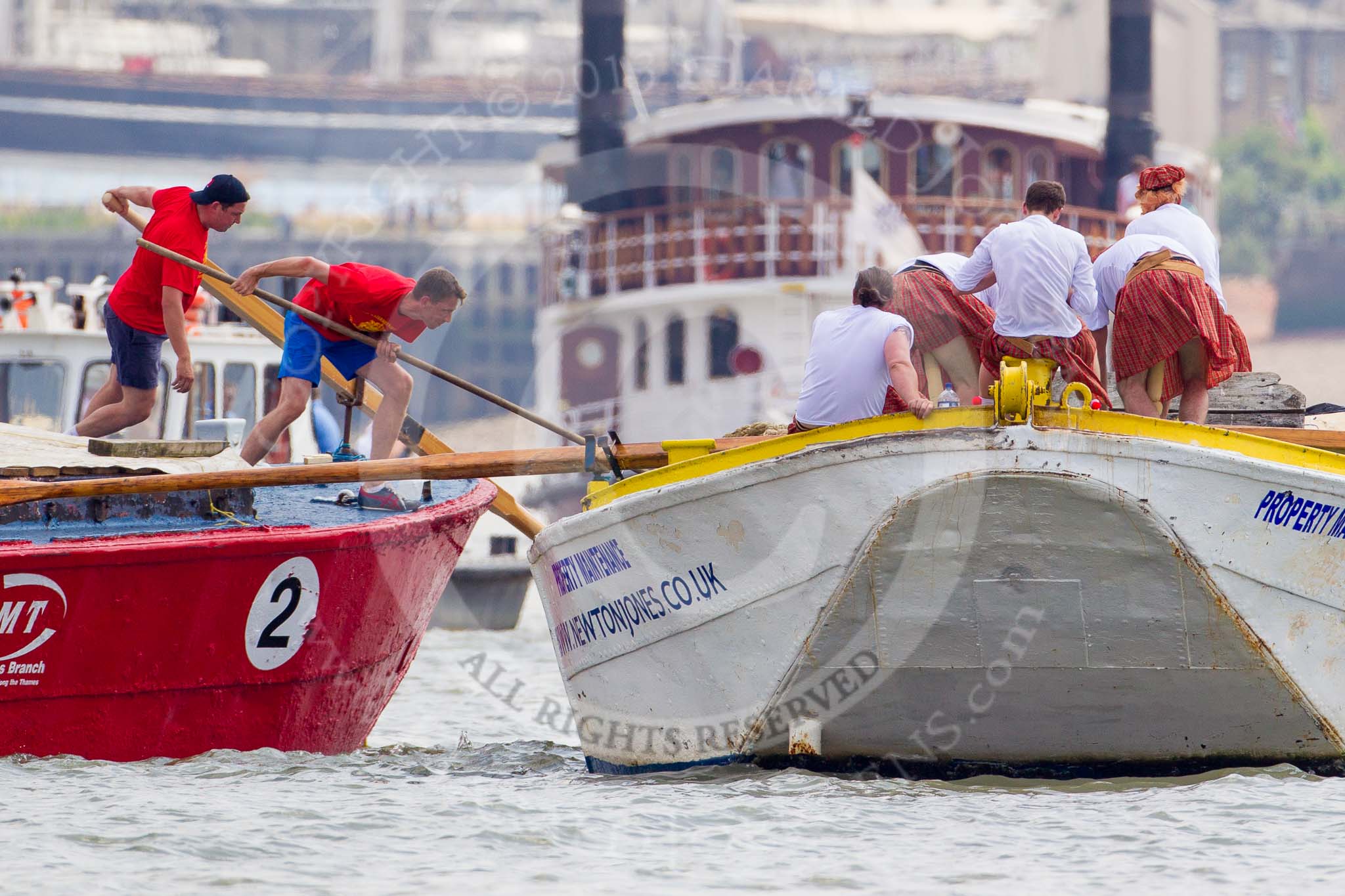 TOW River Thames Barge Driving Race 2013: Barge "Jane", by the RMT Union, on the left, getting too close to barge "Hoppy", by GPS Fabrication..
River Thames between Greenwich and Westminster,
London,

United Kingdom,
on 13 July 2013 at 12:50, image #232
