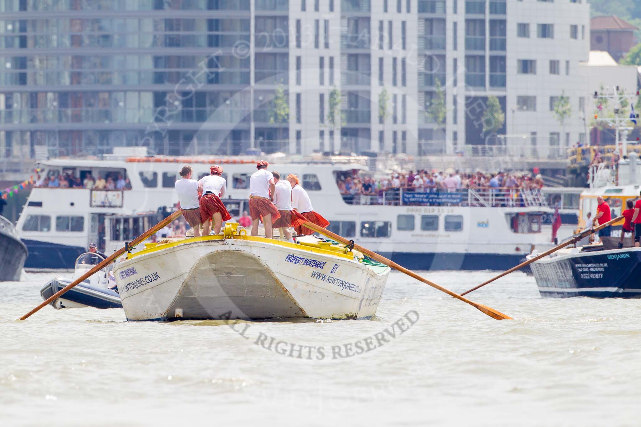 TOW River Thames Barge Driving Race 2013: Barge "Hoppy", by GPS Fabrication. On the right barge "Benjamin", by London Party Boats..
River Thames between Greenwich and Westminster,
London,

United Kingdom,
on 13 July 2013 at 12:51, image #237