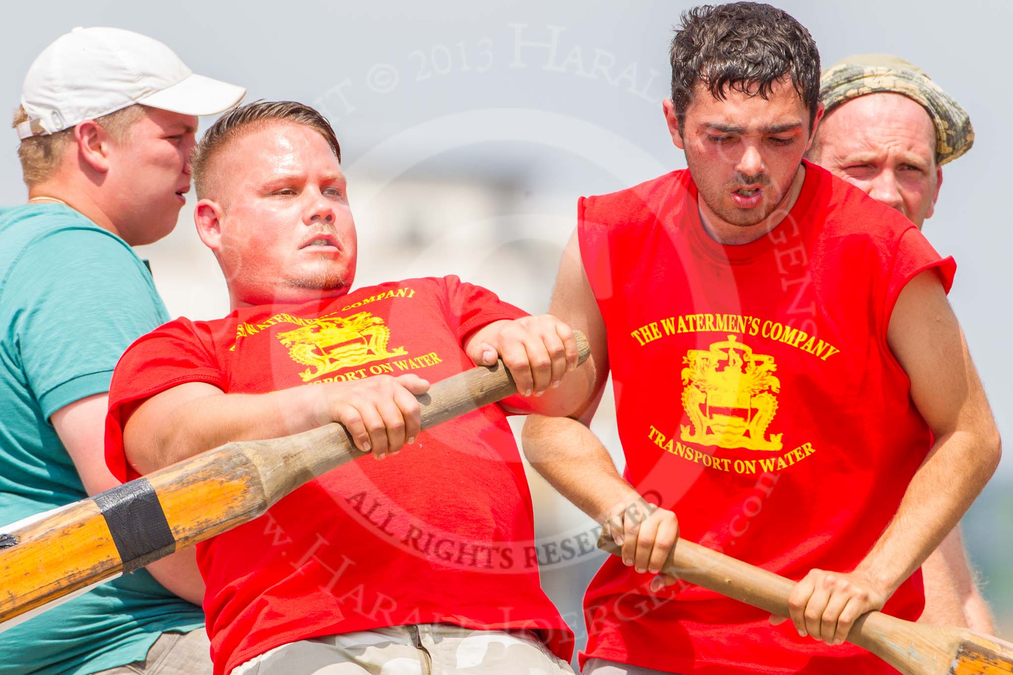 TOW River Thames Barge Driving Race 2013: Rowers on board of barge "Steve Faldo", by Capital Pleasure Boats..
River Thames between Greenwich and Westminster,
London,

United Kingdom,
on 13 July 2013 at 13:02, image #264