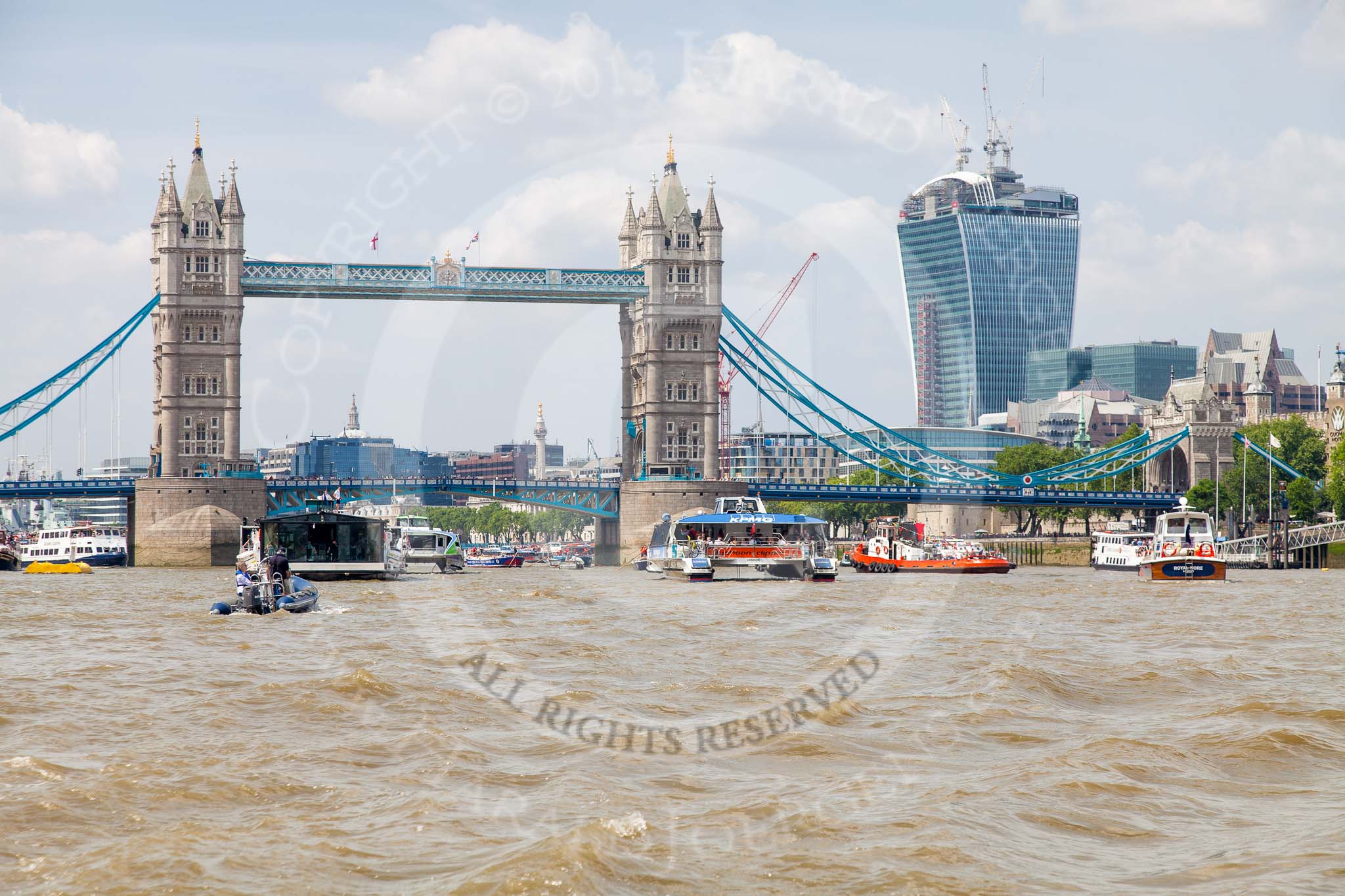 TOW River Thames Barge Driving Race 2013: Tower Bridge and the Walkie Talkie building seen from the river..
River Thames between Greenwich and Westminster,
London,

United Kingdom,
on 13 July 2013 at 13:42, image #378