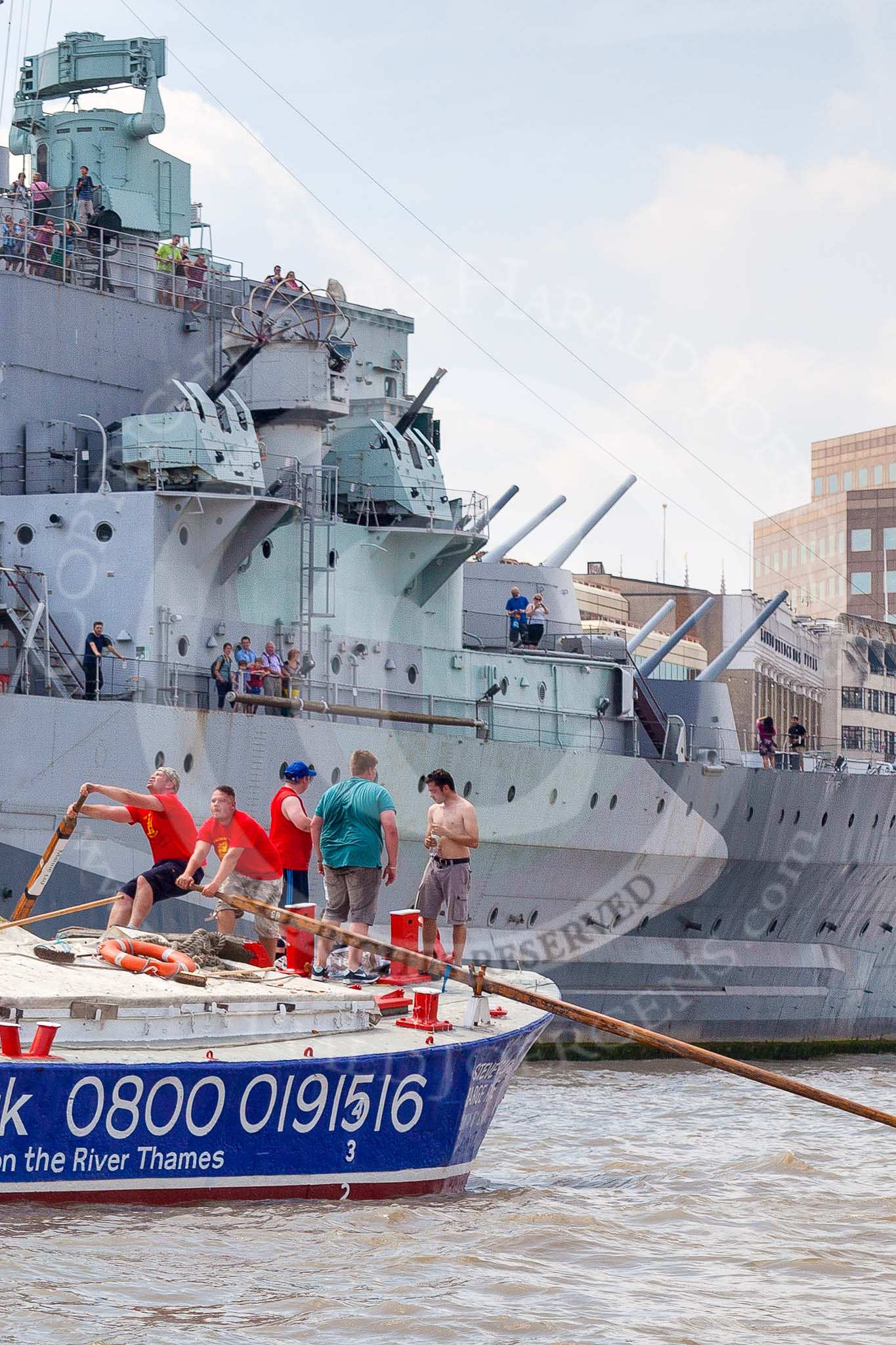 TOW River Thames Barge Driving Race 2013: Barge "Steve Faldo", by Capital Pleasure Boats, passing HMS Belfast..
River Thames between Greenwich and Westminster,
London,

United Kingdom,
on 13 July 2013 at 13:47, image #394