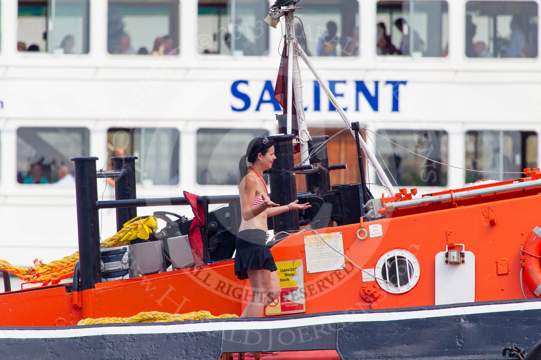 TOW River Thames Barge Driving Race 2013: GPS Marine tug "GPS Vincia" close to Westminster Bridge..
River Thames between Greenwich and Westminster,
London,

United Kingdom,
on 13 July 2013 at 14:20, image #437