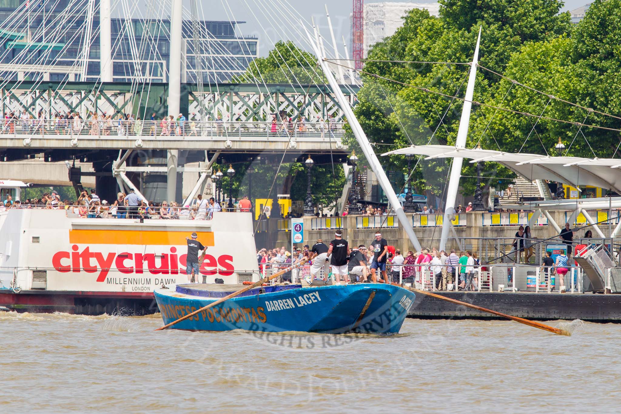 TOW River Thames Barge Driving Race 2013: Barge "Darren Lacey", by Princess Pocahontas, at Hungerford Bridge and the London Eye, close to the race finish at Westminster Bridge..
River Thames between Greenwich and Westminster,
London,

United Kingdom,
on 13 July 2013 at 14:28, image #472
