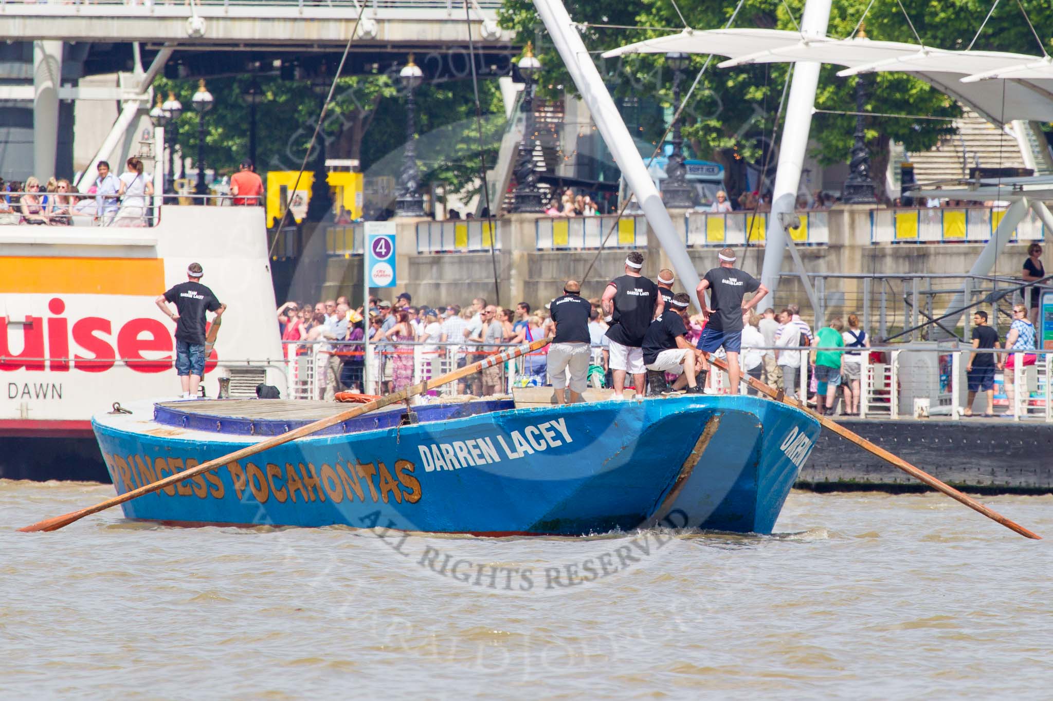 TOW River Thames Barge Driving Race 2013: Barge "Darren Lacey", by Princess Pocahontas, at Hungerford Bridge and the London Eye, close to the race finish at Westminster Bridge..
River Thames between Greenwich and Westminster,
London,

United Kingdom,
on 13 July 2013 at 14:29, image #473
