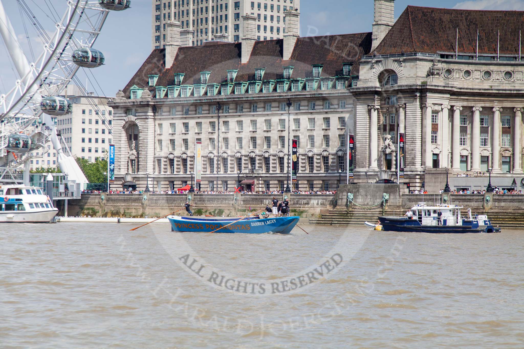 TOW River Thames Barge Driving Race 2013: Barge "Darren Lacey", by Princess Pocahontas, at the London Eye and London Aquarium, close to the race finish at Westminster Bridge..
River Thames between Greenwich and Westminster,
London,

United Kingdom,
on 13 July 2013 at 14:30, image #476