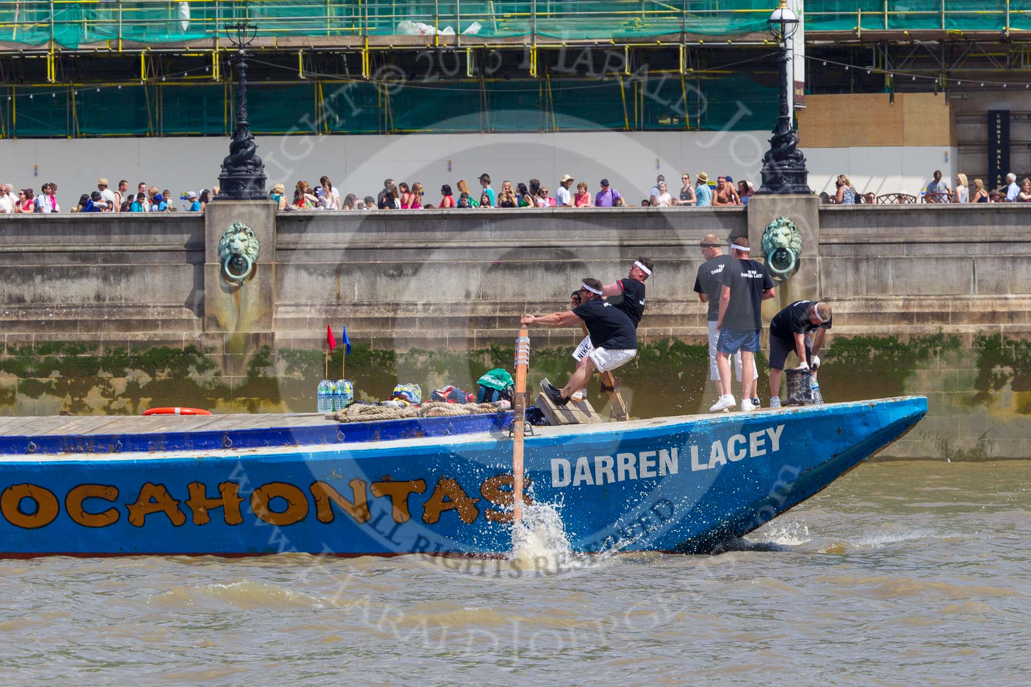 TOW River Thames Barge Driving Race 2013: Barge "Darren Lacey", by Princess Pocahontas, approaching the race finish at Westminster Bridge..
River Thames between Greenwich and Westminster,
London,

United Kingdom,
on 13 July 2013 at 14:30, image #479